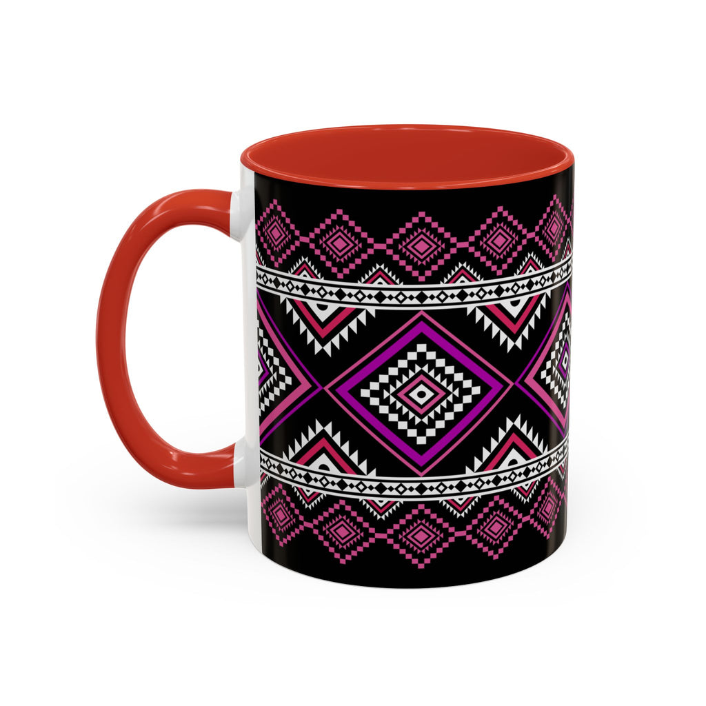 Geometric Aztec Accent Coffee Mug — Pink & Black Tribal Pattern (11/15oz)