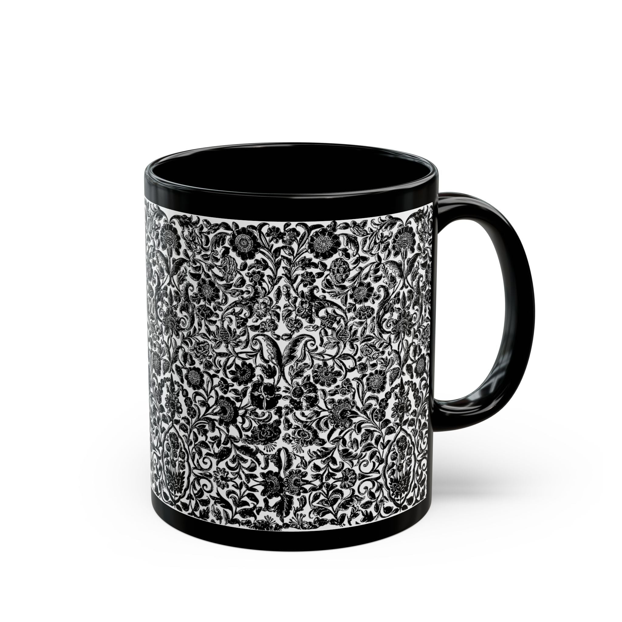 Black Ceramic Mug - Intricate Black & White Floral Pattern