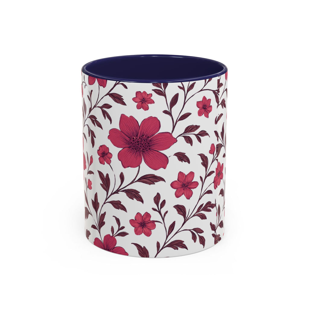 Floral Burgundy Accent Coffee Mug — Pink Blossom Pattern, 11/15oz