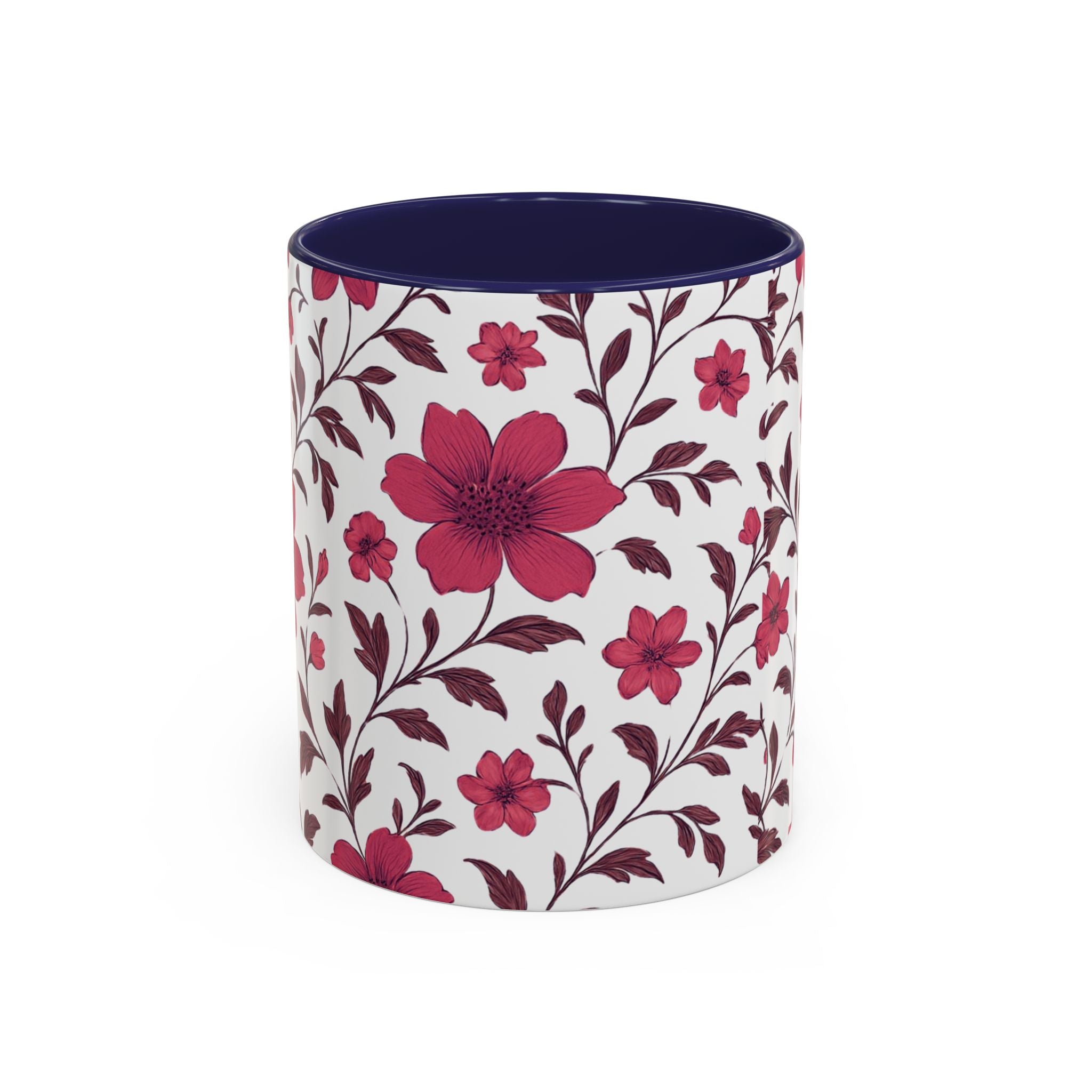 Floral Burgundy Accent Coffee Mug — Pink Blossom Pattern, 11/15oz