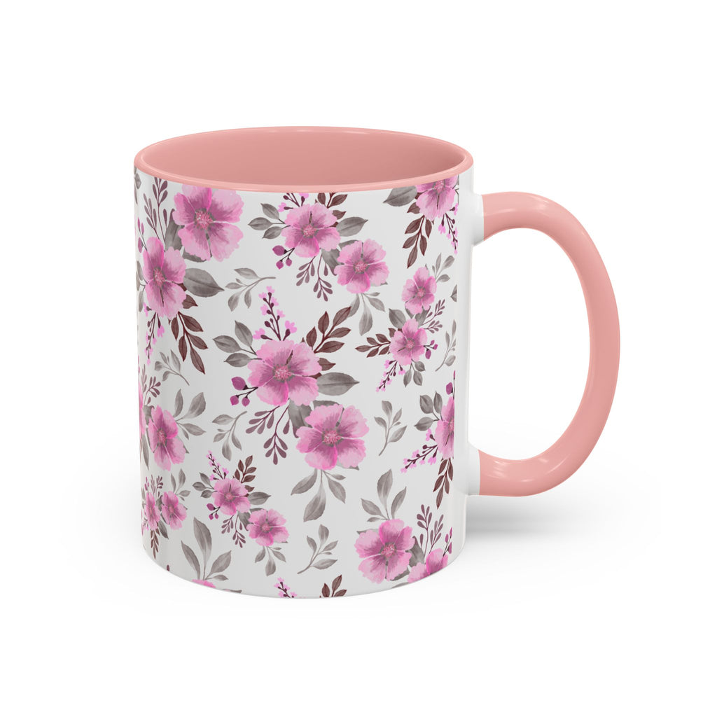 Pink Floral Accent Coffee Mug — Ceramic Rose Pattern 11/15oz