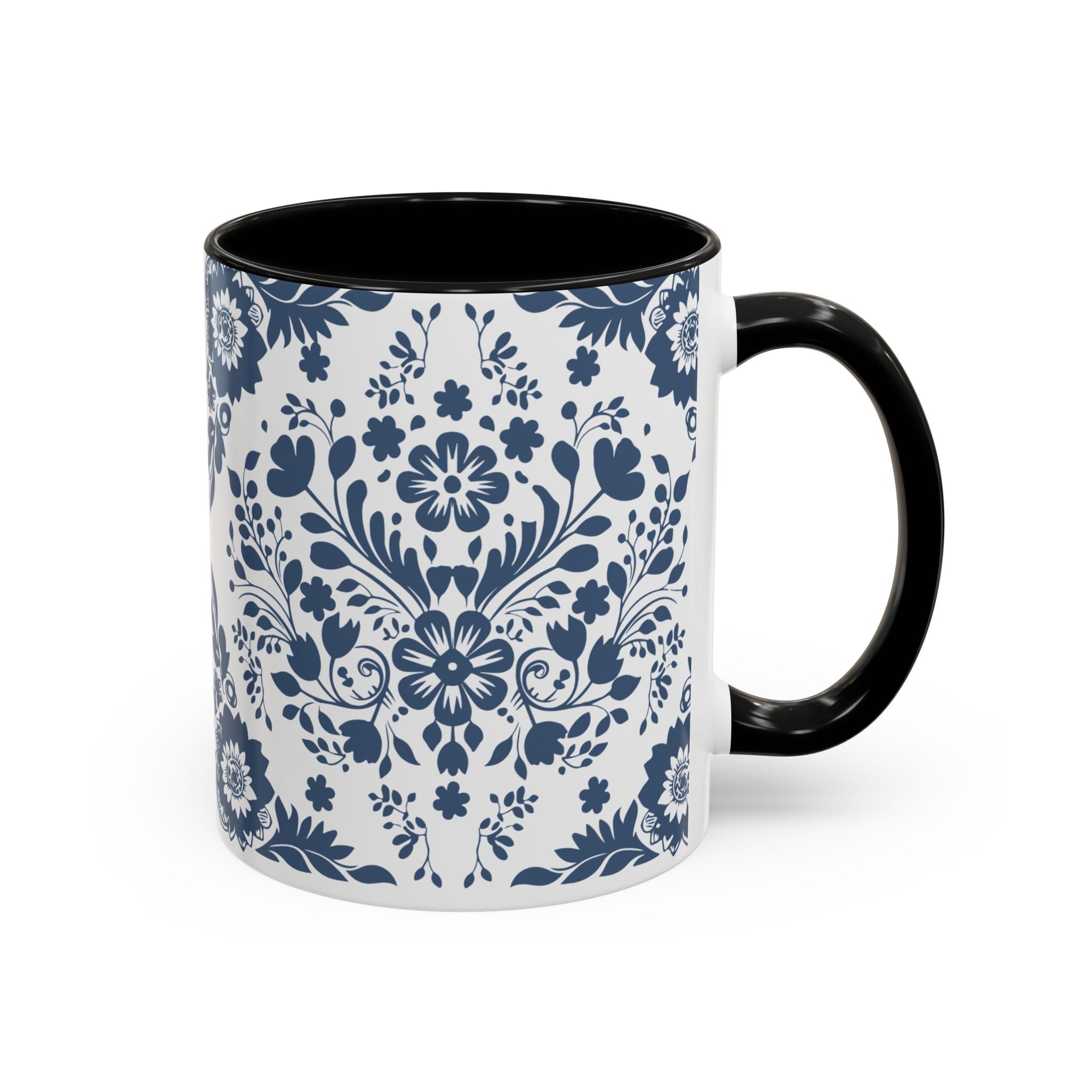 Blue Floral Accent Coffee Mug - Navy Vintage Delft Pattern (11/15oz)