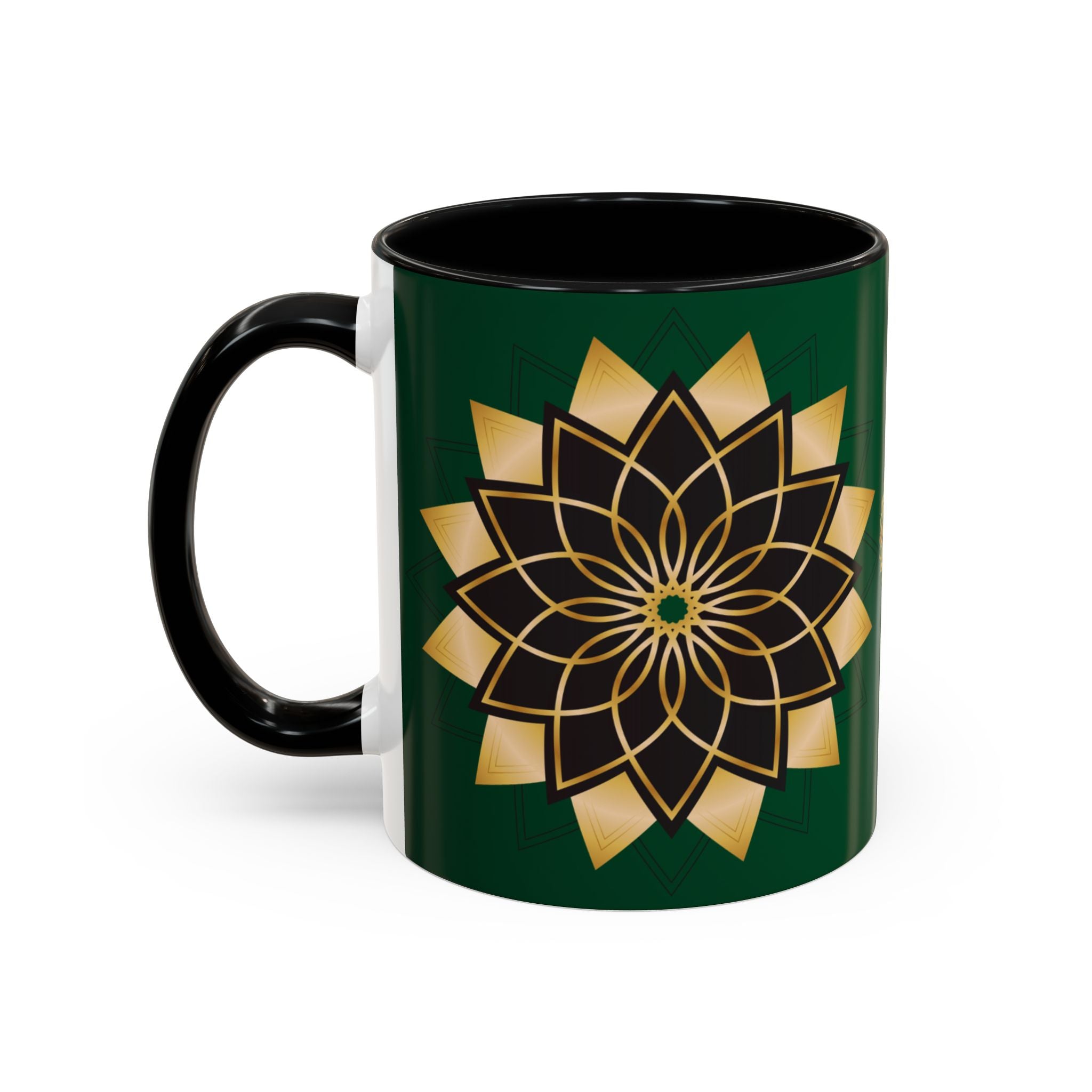 Gold Mandala Accent Coffee Mug — Elegant Green & Black Ceramic 11/15oz