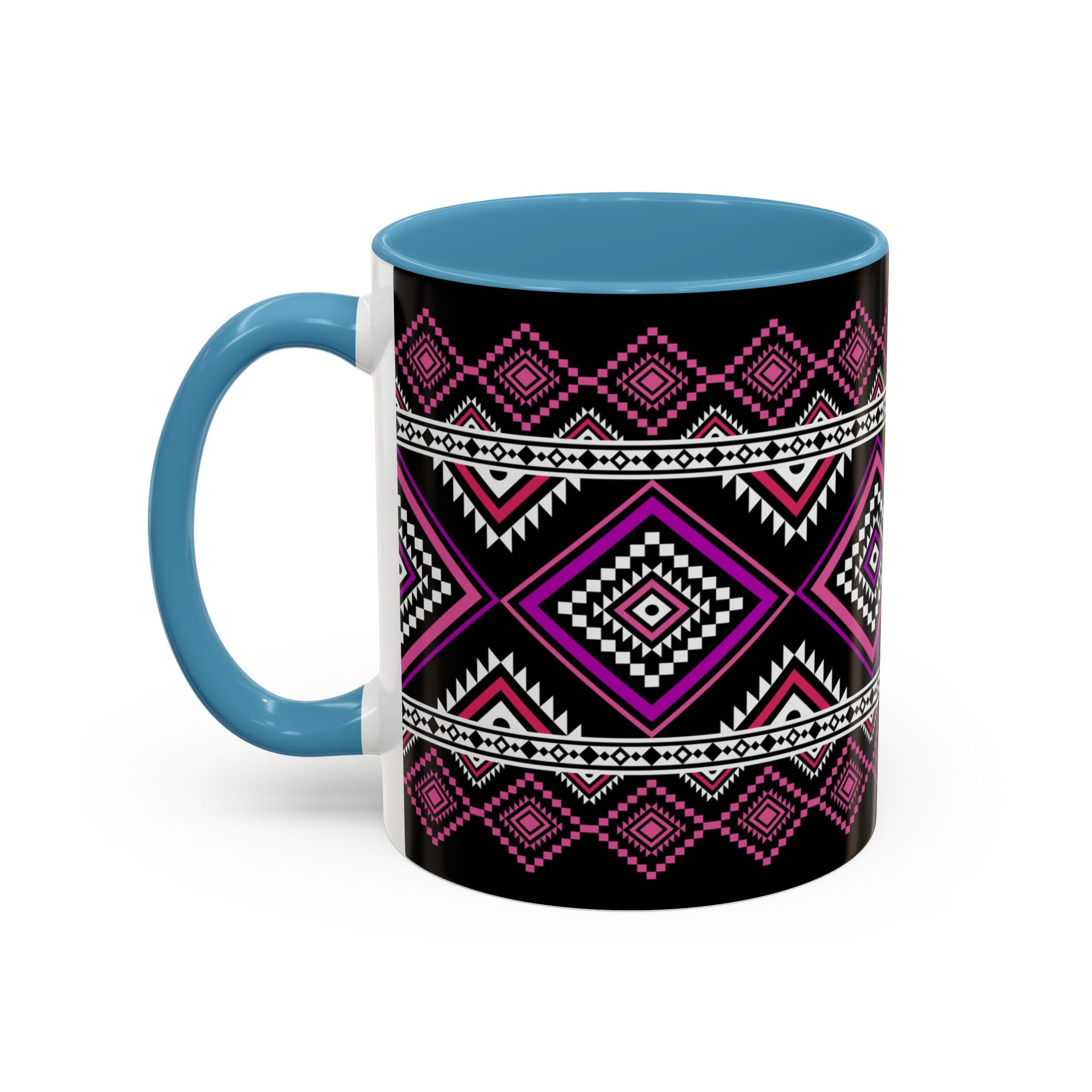 Geometric Aztec Accent Coffee Mug — Pink & Black Tribal Pattern (11/15oz)