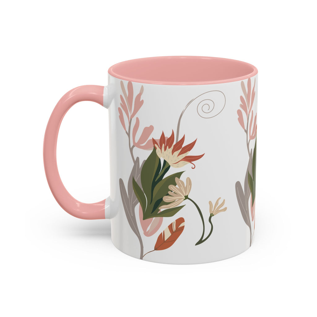 Floral Accent Coffee Mug – Botanical Pink & Green Pattern (11/15oz)