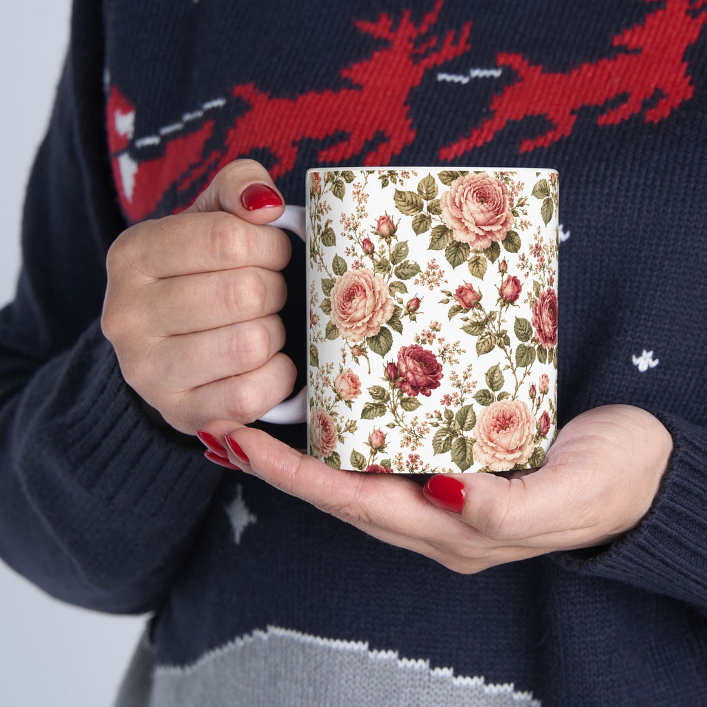 Vintage Rose Floral Ceramic Mug — 11oz & 15oz Tea Coffee Cup