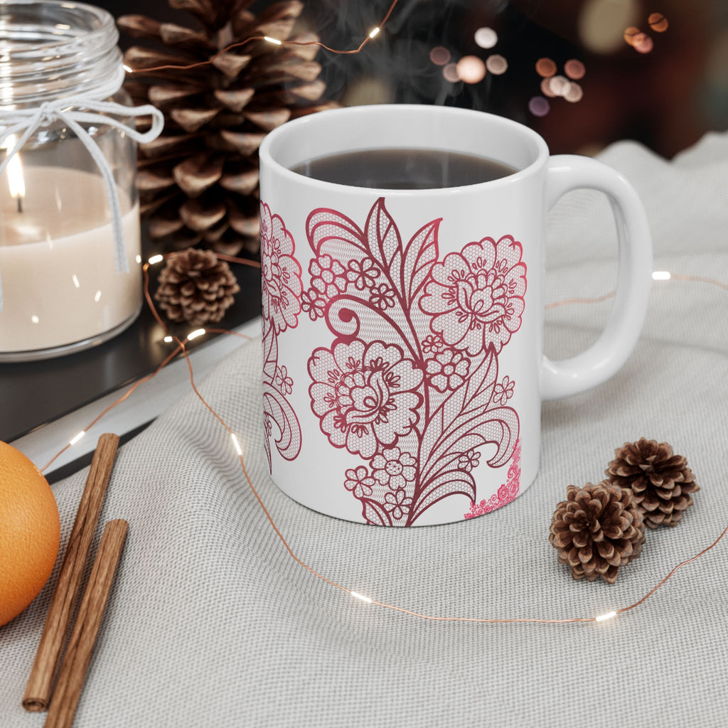 Floral Lace Red Ceramic Mug — Vintage Rose Pattern Coffee Cup (11oz & 15oz)