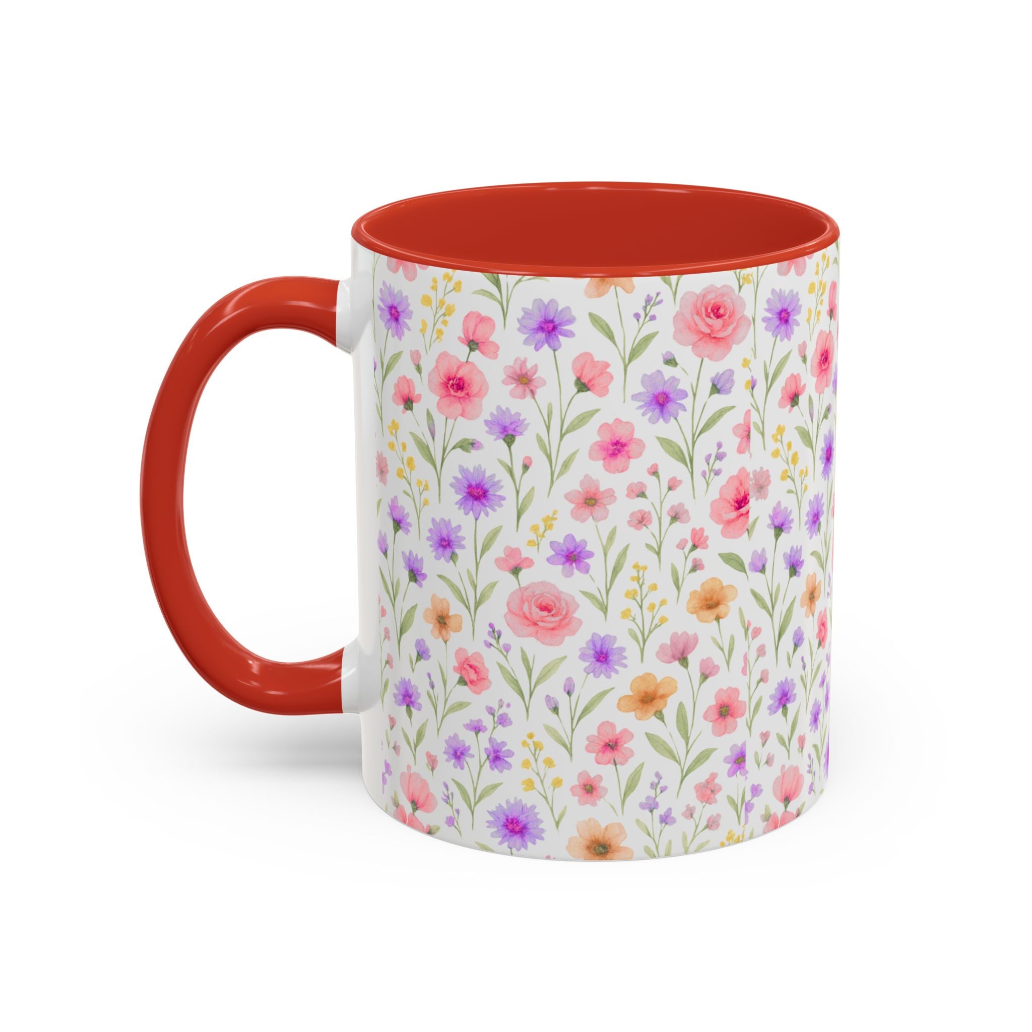 Floral Watercolor Accent Coffee Mug — Pastel Wildflower Pattern (11/15 oz)