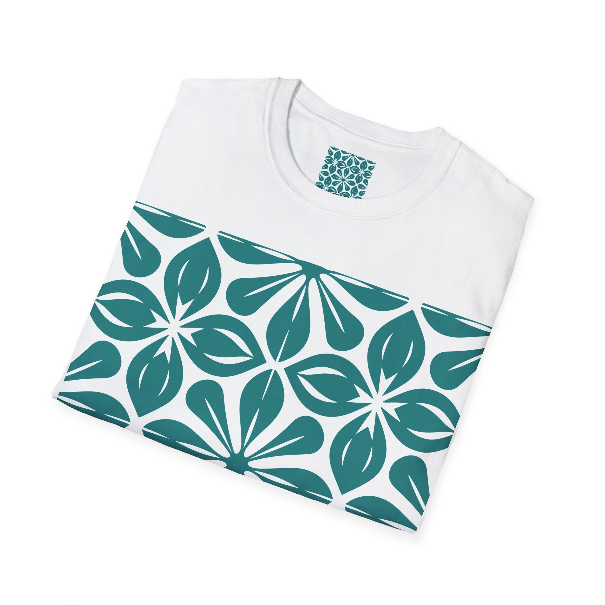 Teal Tile Pattern T‑Shirt — Retro Geometric Floral Graphic Tee