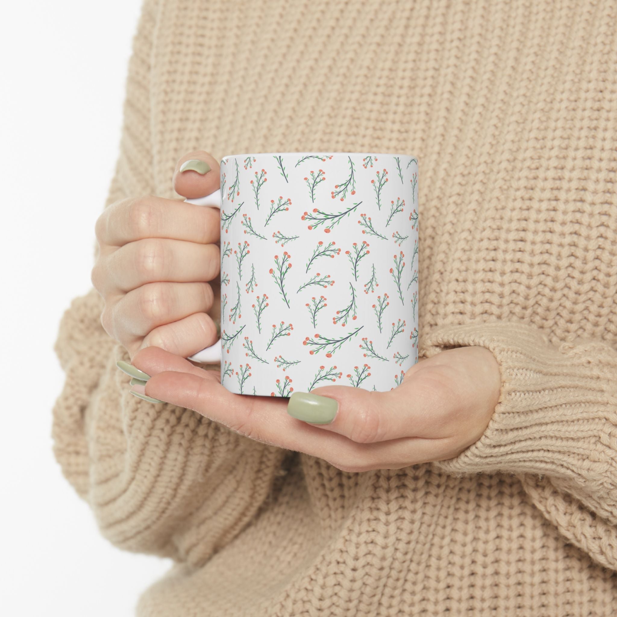 Botanical Sprig Ceramic Mug — Delicate Floral Pattern Coffee Cup (11oz, 15oz)