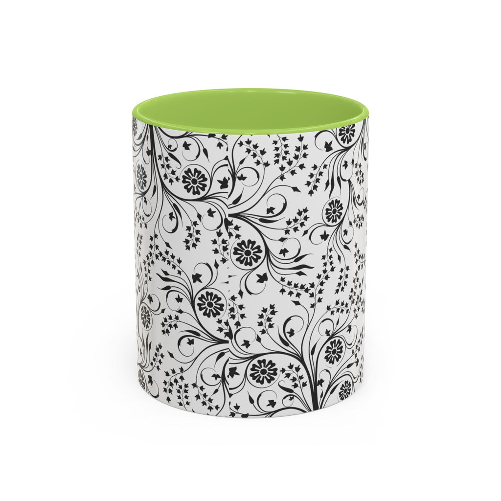 Black Floral Accent Coffee Mug — Elegant Swirl Pattern (11/15oz)