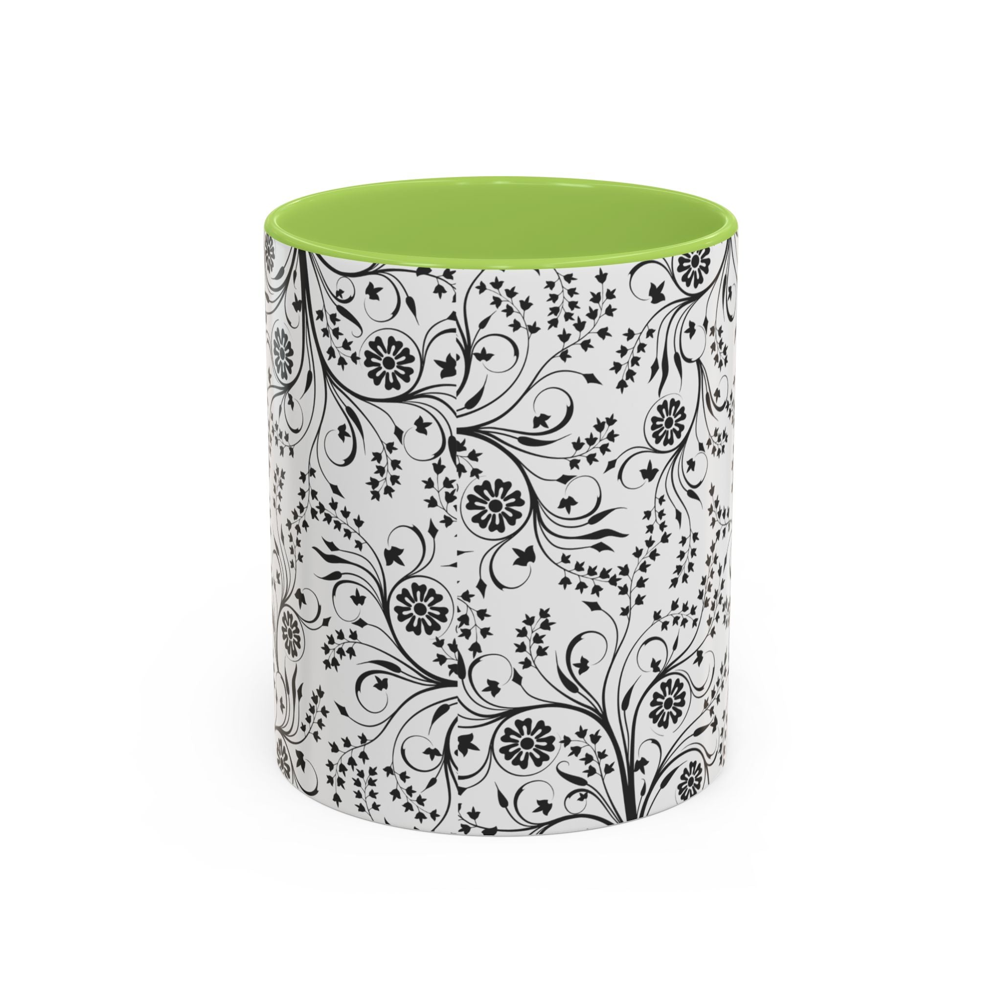 Black Floral Accent Coffee Mug — Elegant Swirl Pattern (11/15oz)