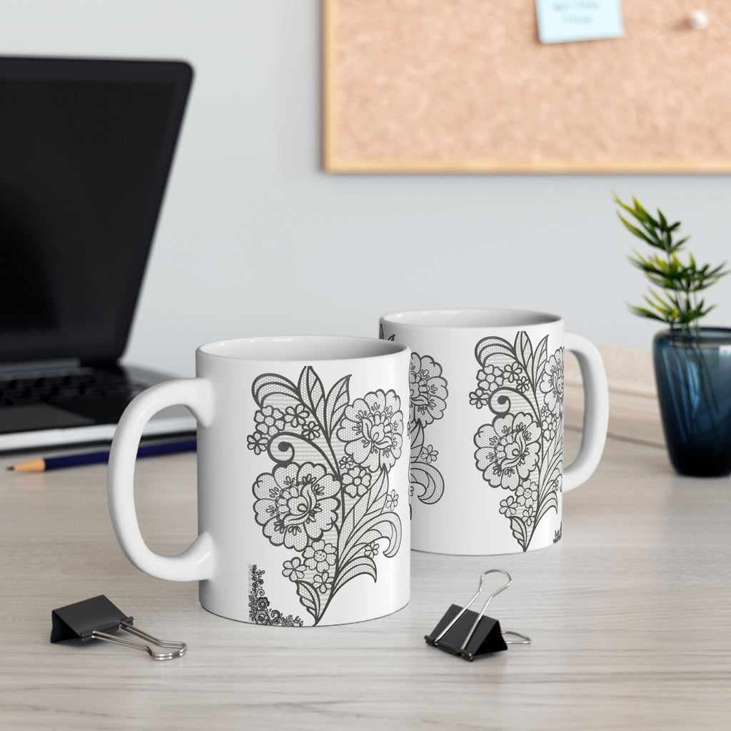 Floral Outline Ceramic Mug — Black & White Hand-Drawn Flower Pattern (11oz, 15oz)