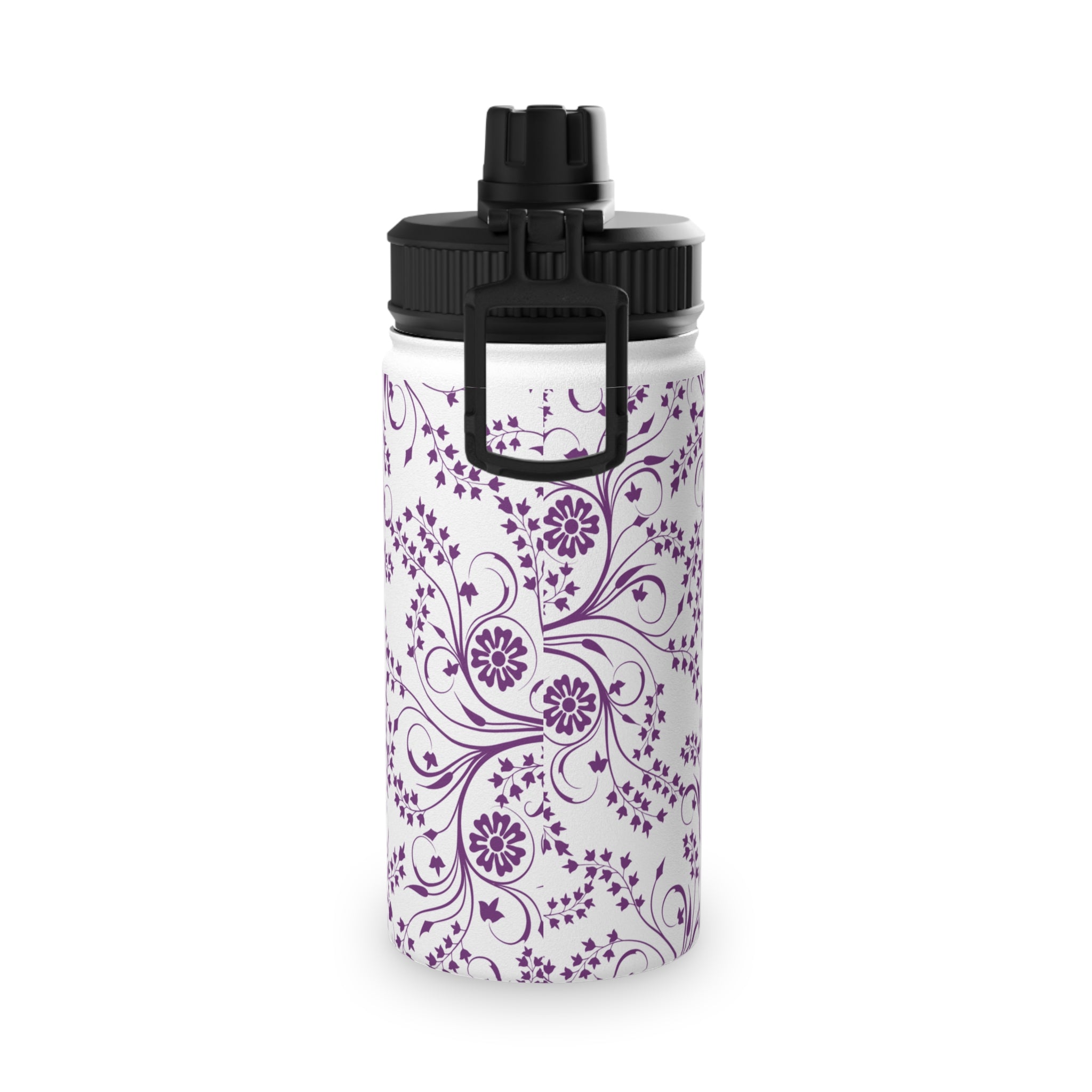 Purple Floral Swirl Stainless Steel Water Bottle with Sports Lid