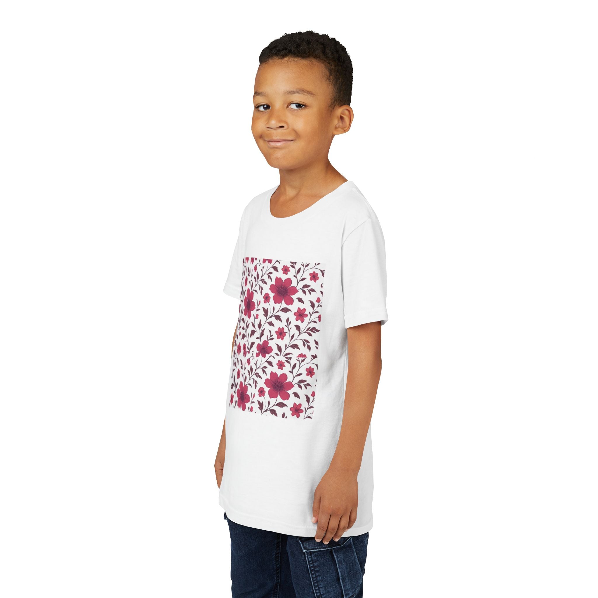 Girls Floral Pattern Youth Tee — Pink Red Blossom Short Sleeve Shirt