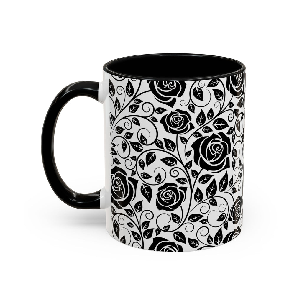 Black Rose Pattern Accent Coffee Mug — 11/15oz Ceramic Gift