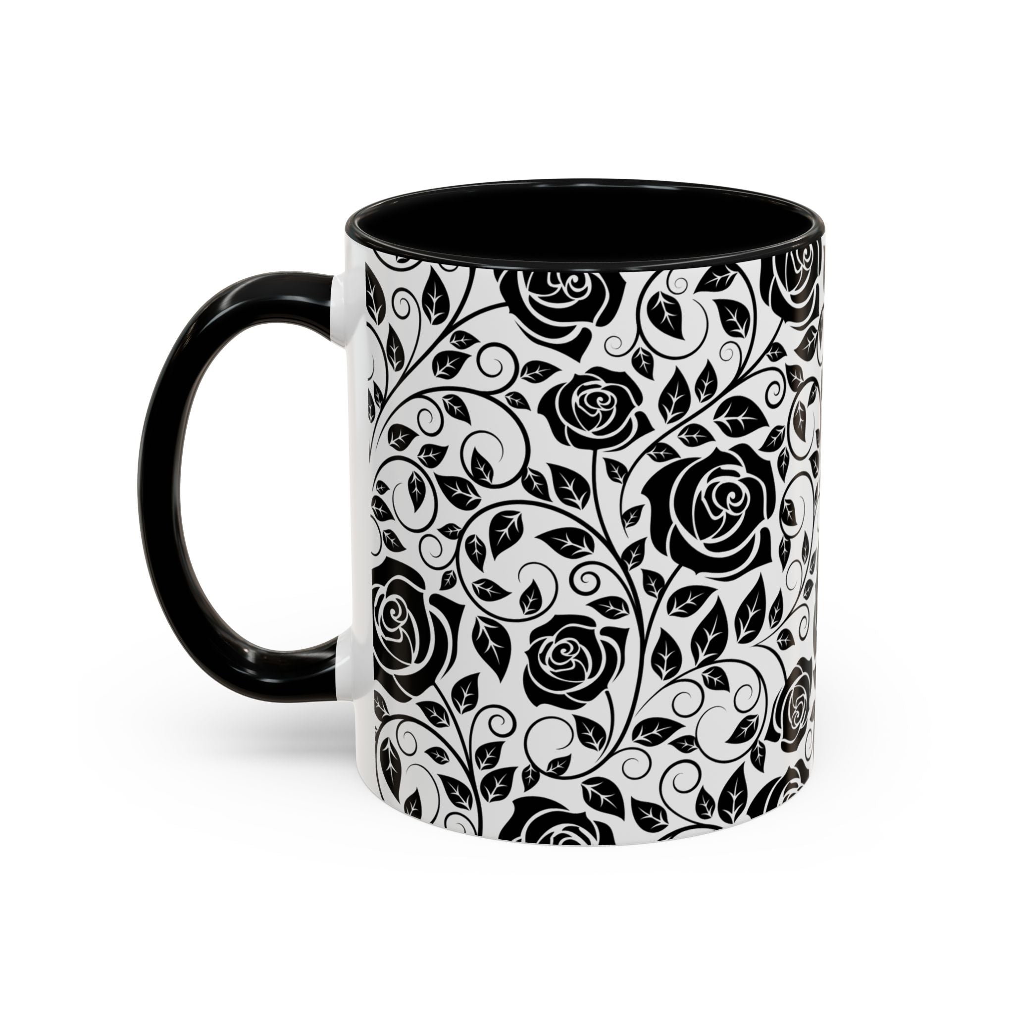 Black Rose Pattern Accent Coffee Mug — 11/15oz Ceramic Gift