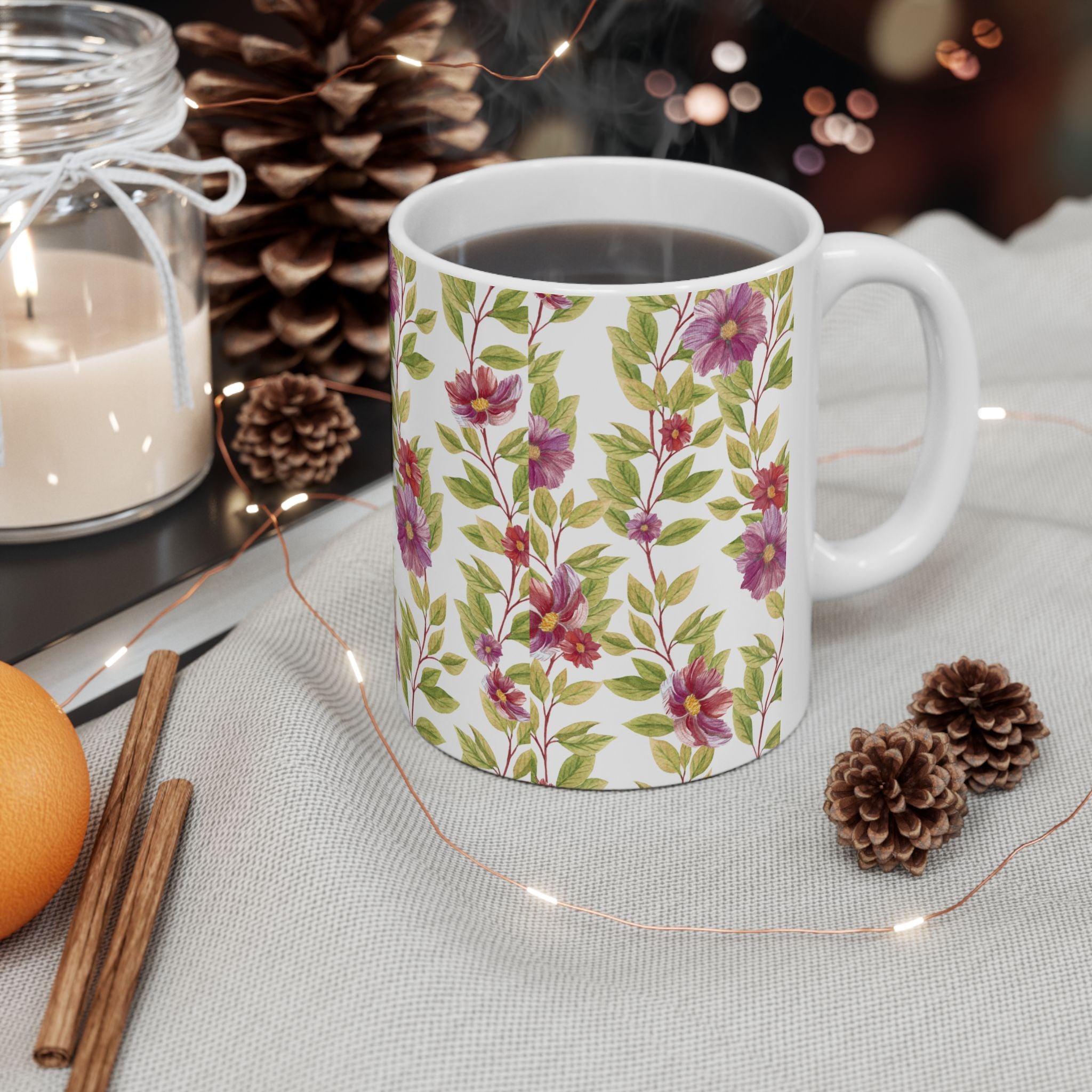 Floral Vine Ceramic Mug — Purple Garden Pattern (11oz & 15oz)