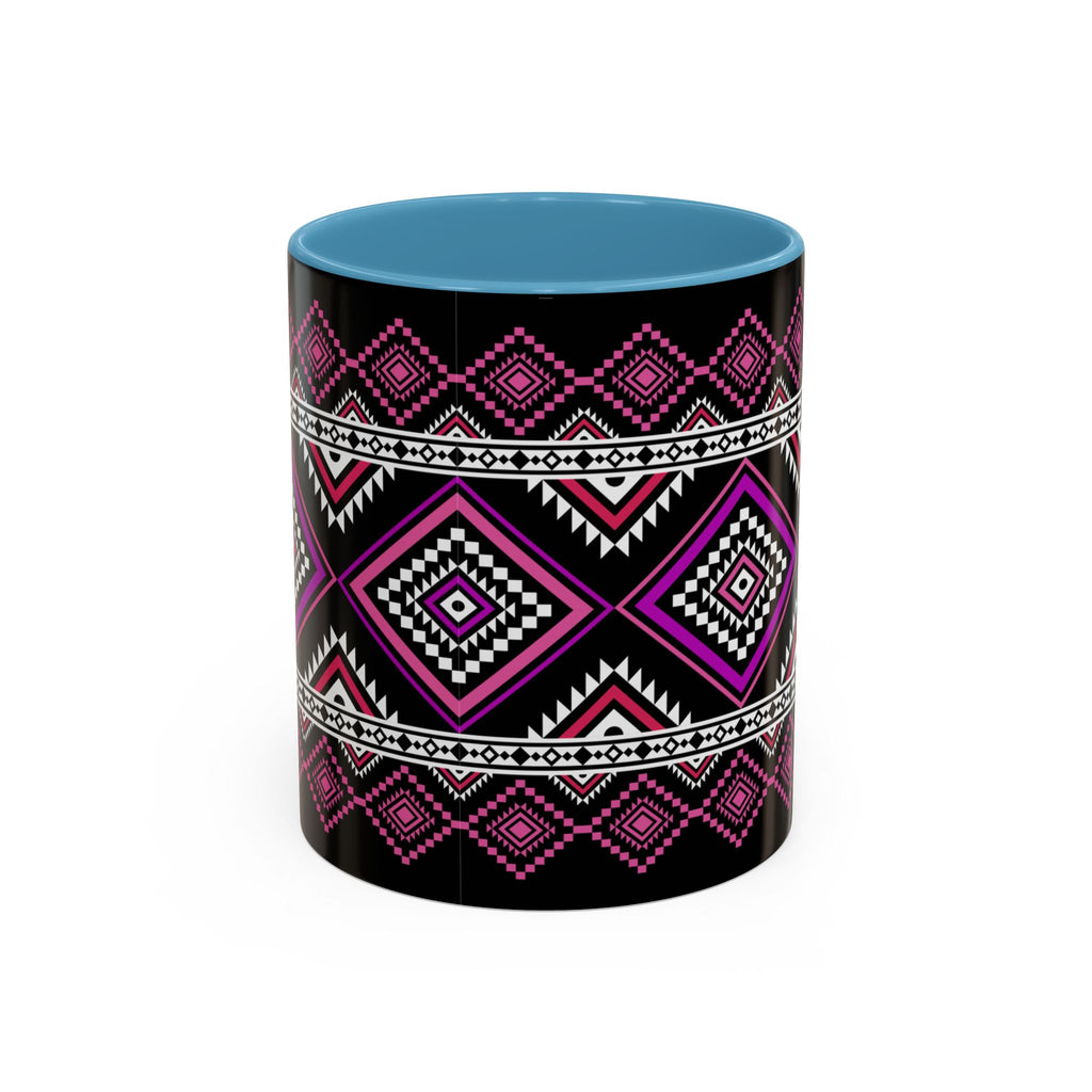 Geometric Aztec Accent Coffee Mug — Pink & Black Tribal Pattern (11/15oz)