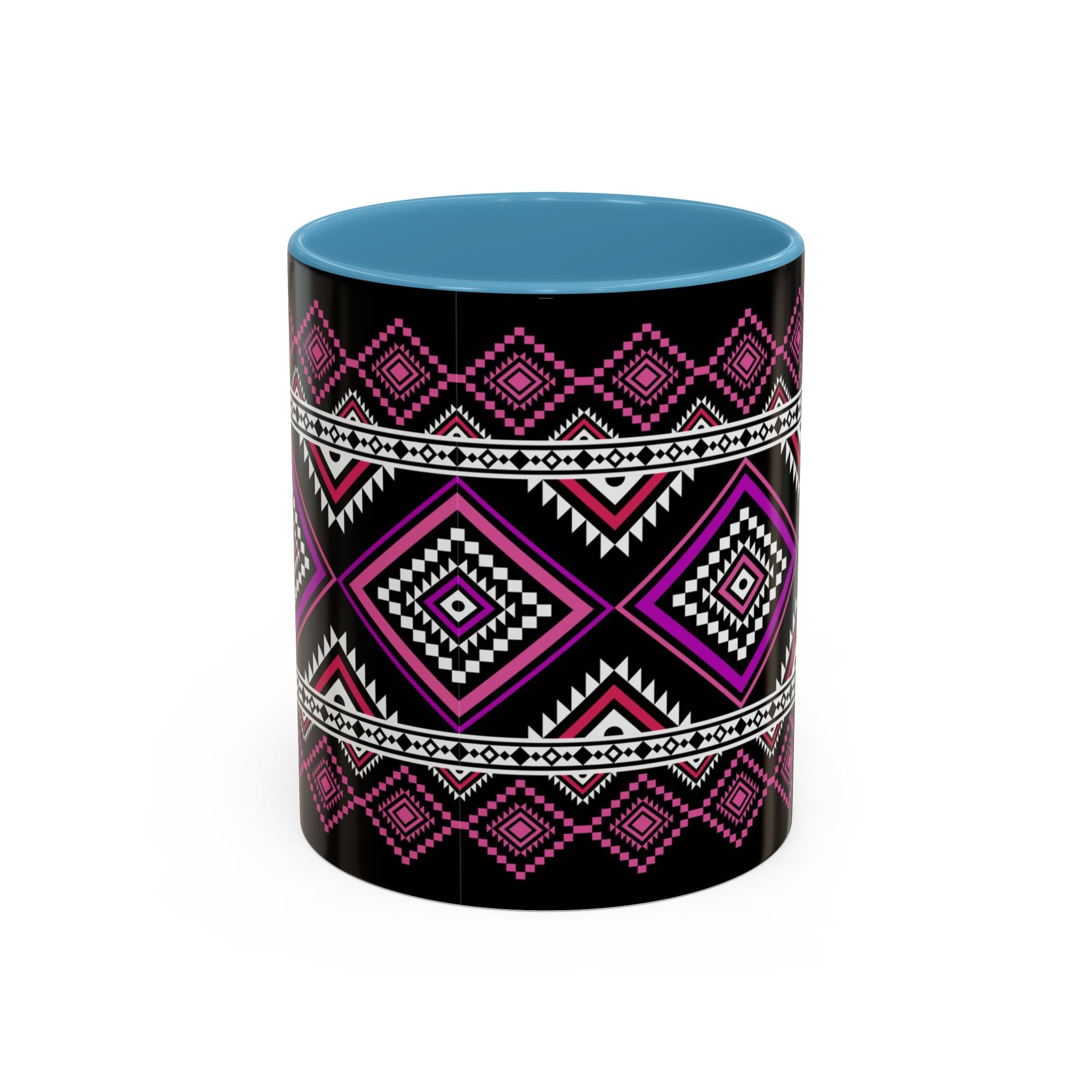 Geometric Aztec Accent Coffee Mug — Pink & Black Tribal Pattern (11/15oz)