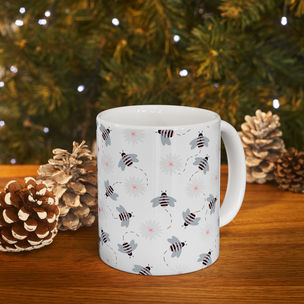 Bee Pattern Ceramic Mug — Cute Striped Bees & Pink Flower Dots, 11oz/15oz
