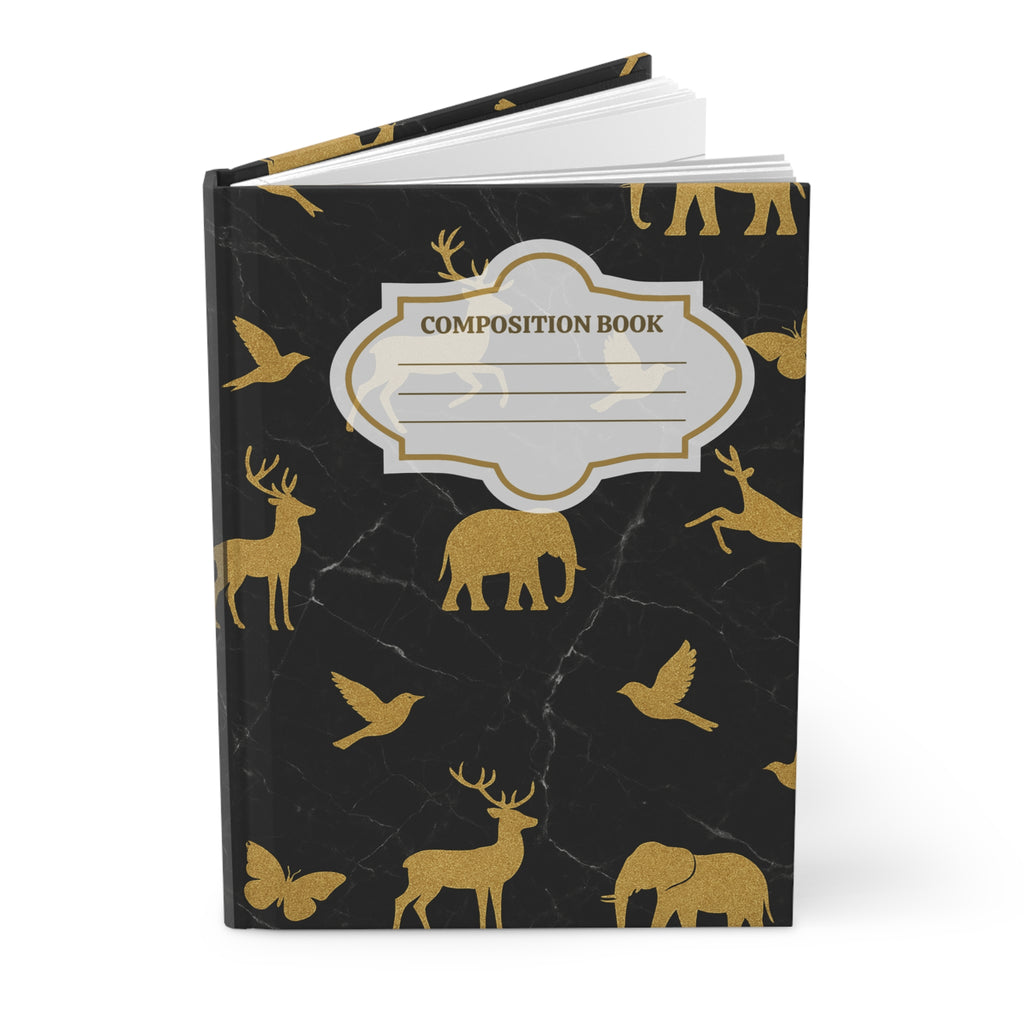 Hardcover Journal — Gold Animal Silhouettes on Black Marble Composition Book