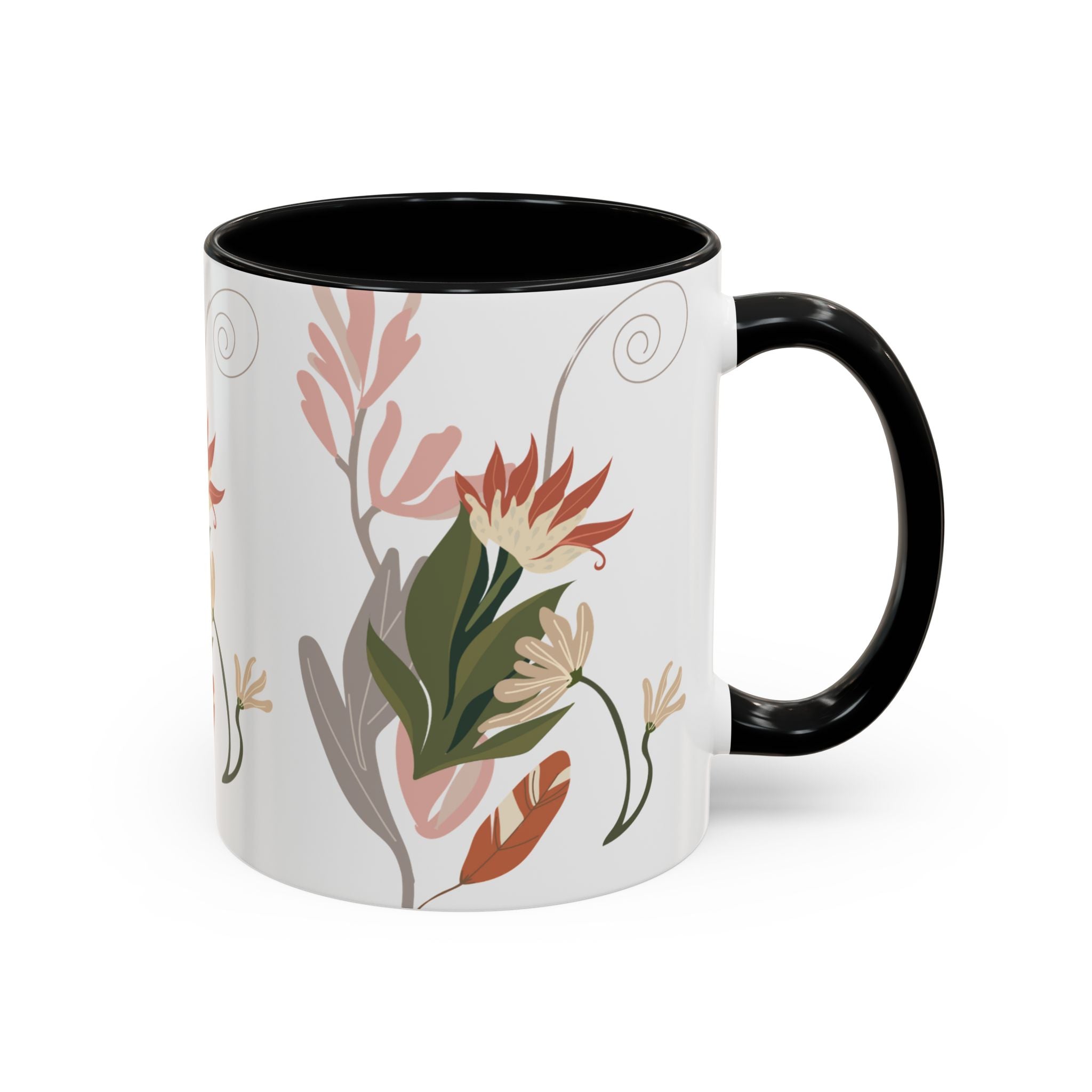 Floral Accent Coffee Mug – Botanical Pink & Green Pattern (11/15oz)