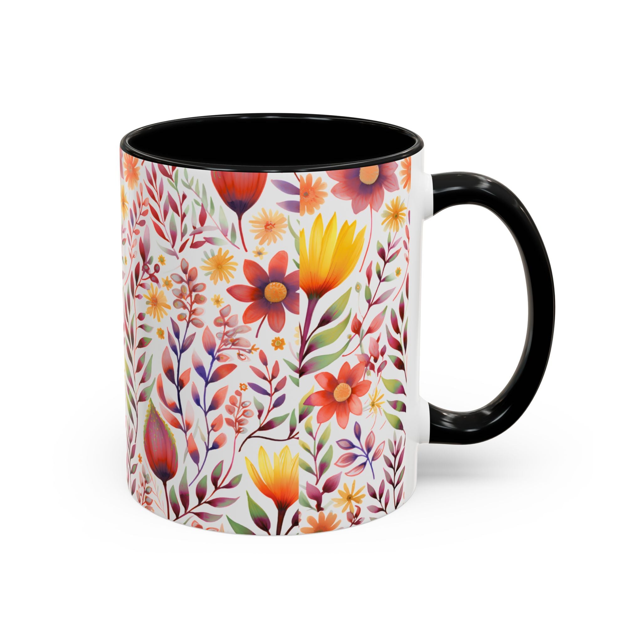 Floral Watercolor Accent Coffee Mug — Colorful Spring Blossom 11/15oz