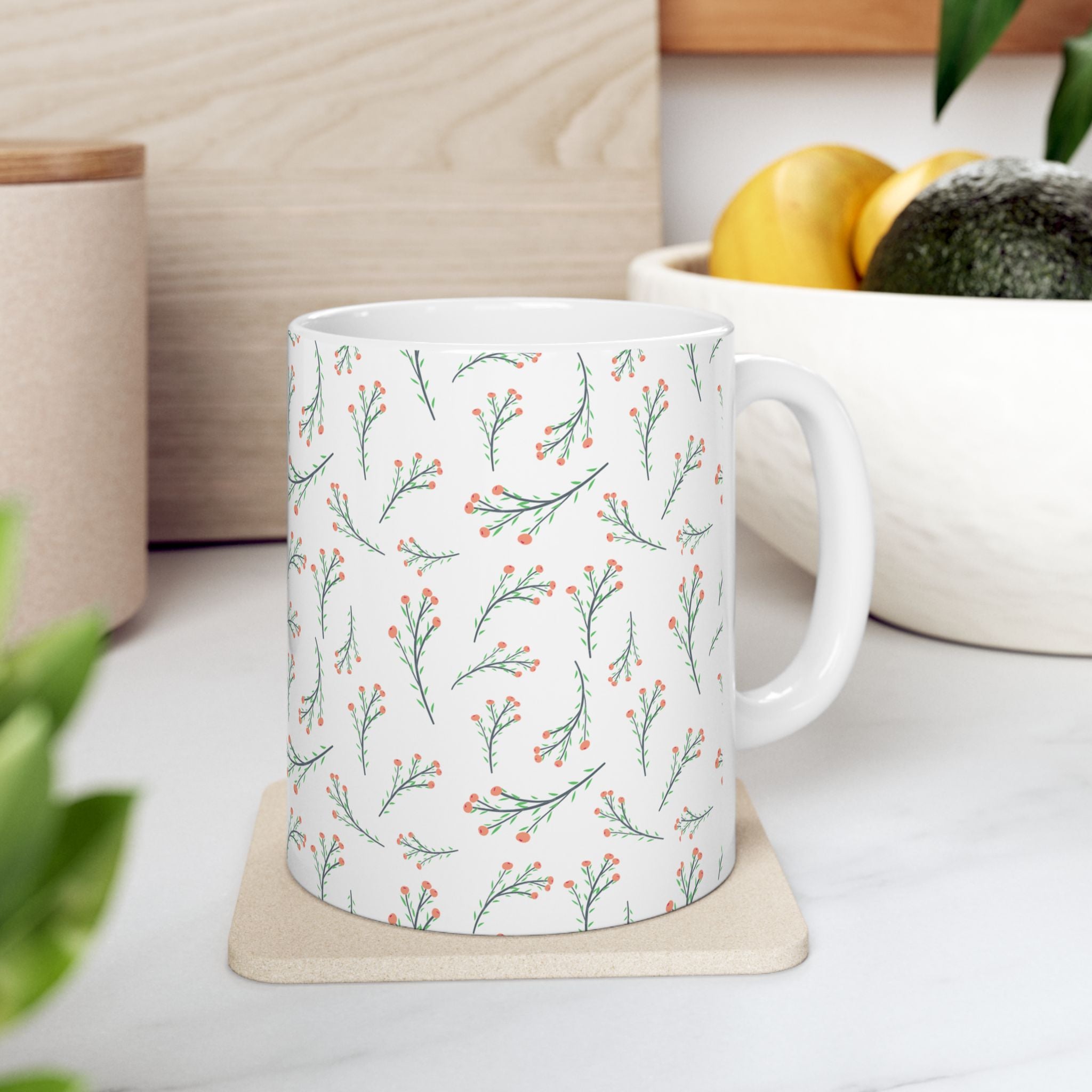 Botanical Sprig Ceramic Mug — Delicate Floral Pattern Coffee Cup (11oz, 15oz)