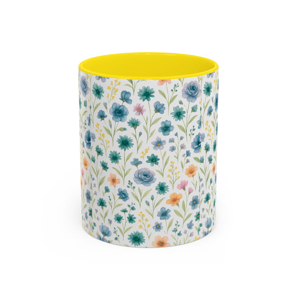 Floral Watercolor Accent Coffee Mug — Blue & Peach Wildflower Pattern (11/15oz)