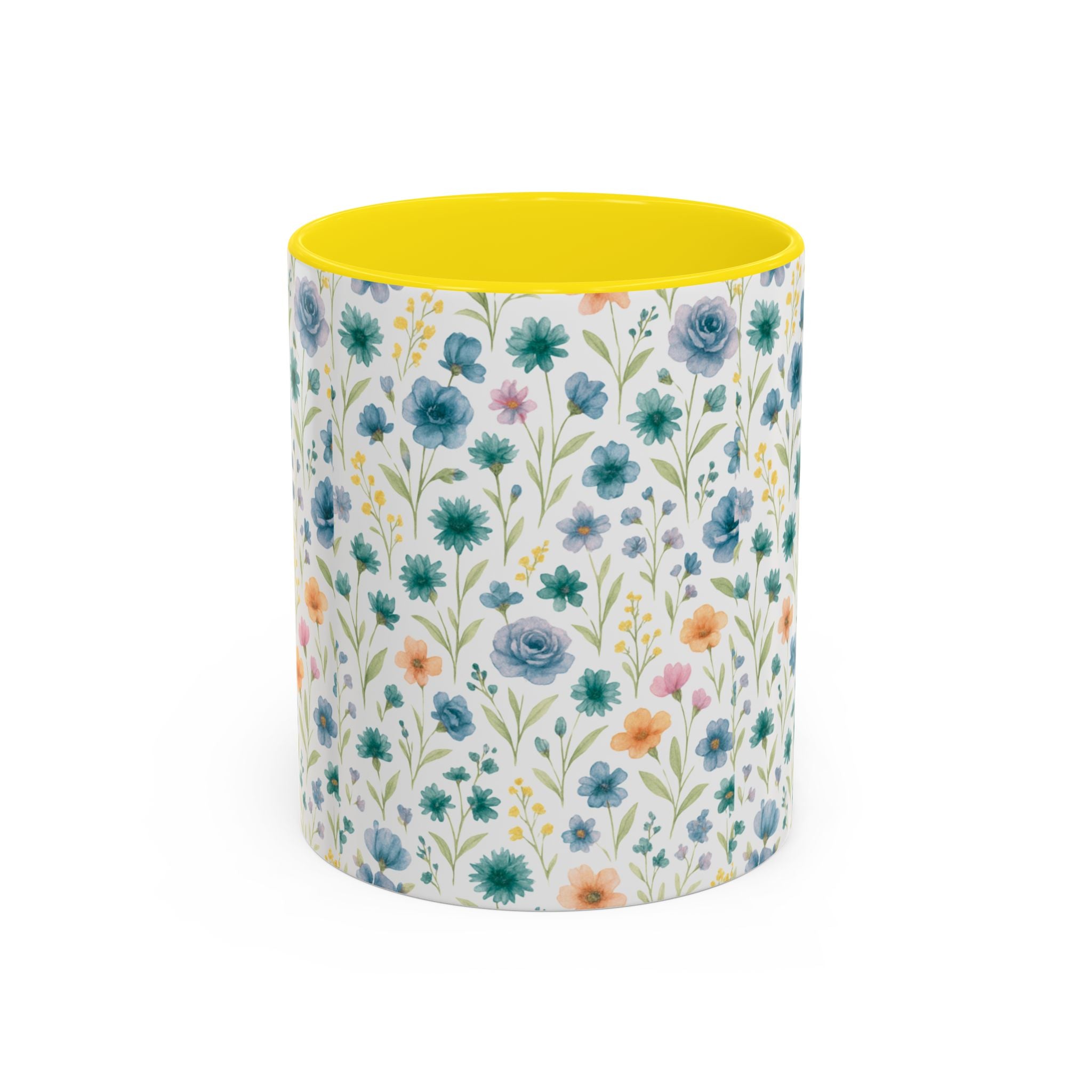 Floral Watercolor Accent Coffee Mug — Blue & Peach Wildflower Pattern (11/15oz)