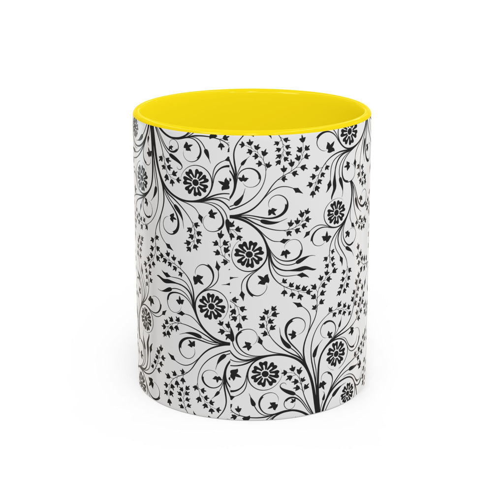 Black Floral Accent Coffee Mug — Elegant Swirl Pattern (11/15oz)
