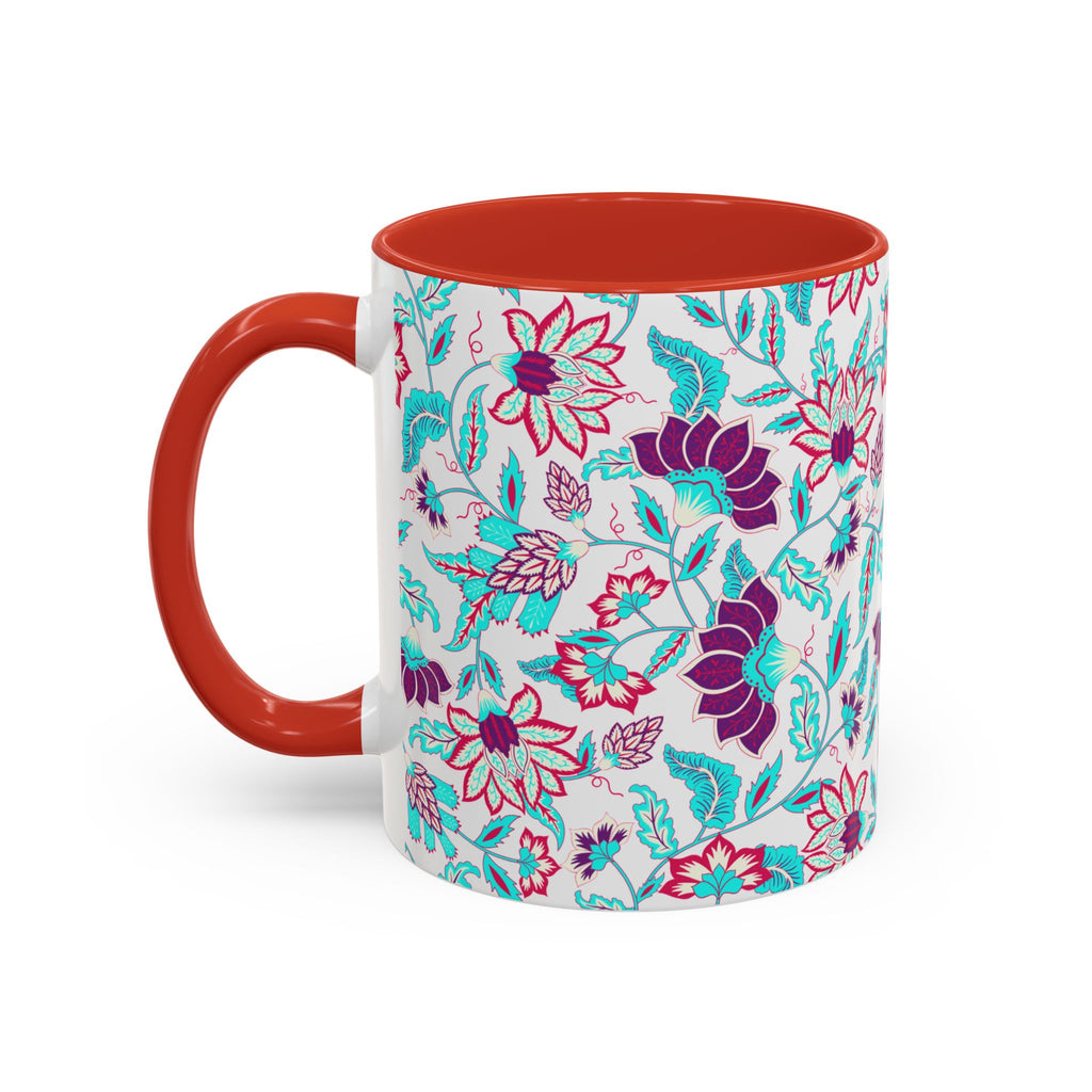 Floral Accent Coffee Mug – Teal & Magenta Patterned Ceramic Mug (11/15oz)