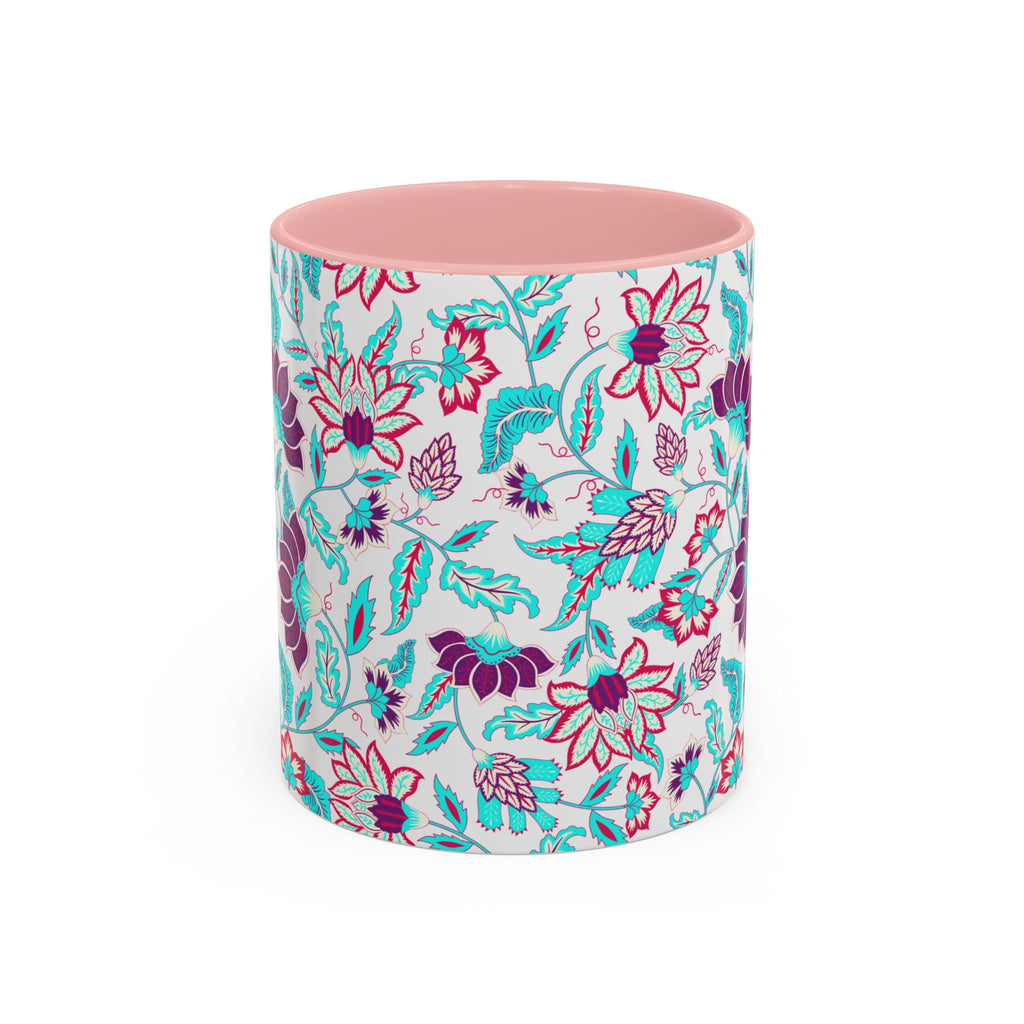 Floral Accent Coffee Mug – Teal & Magenta Patterned Ceramic Mug (11/15oz)