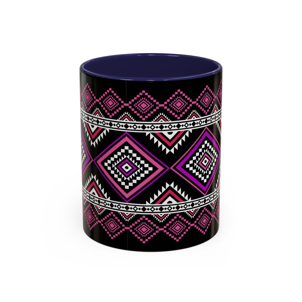 Geometric Aztec Accent Coffee Mug — Pink & Black Tribal Pattern (11/15oz)