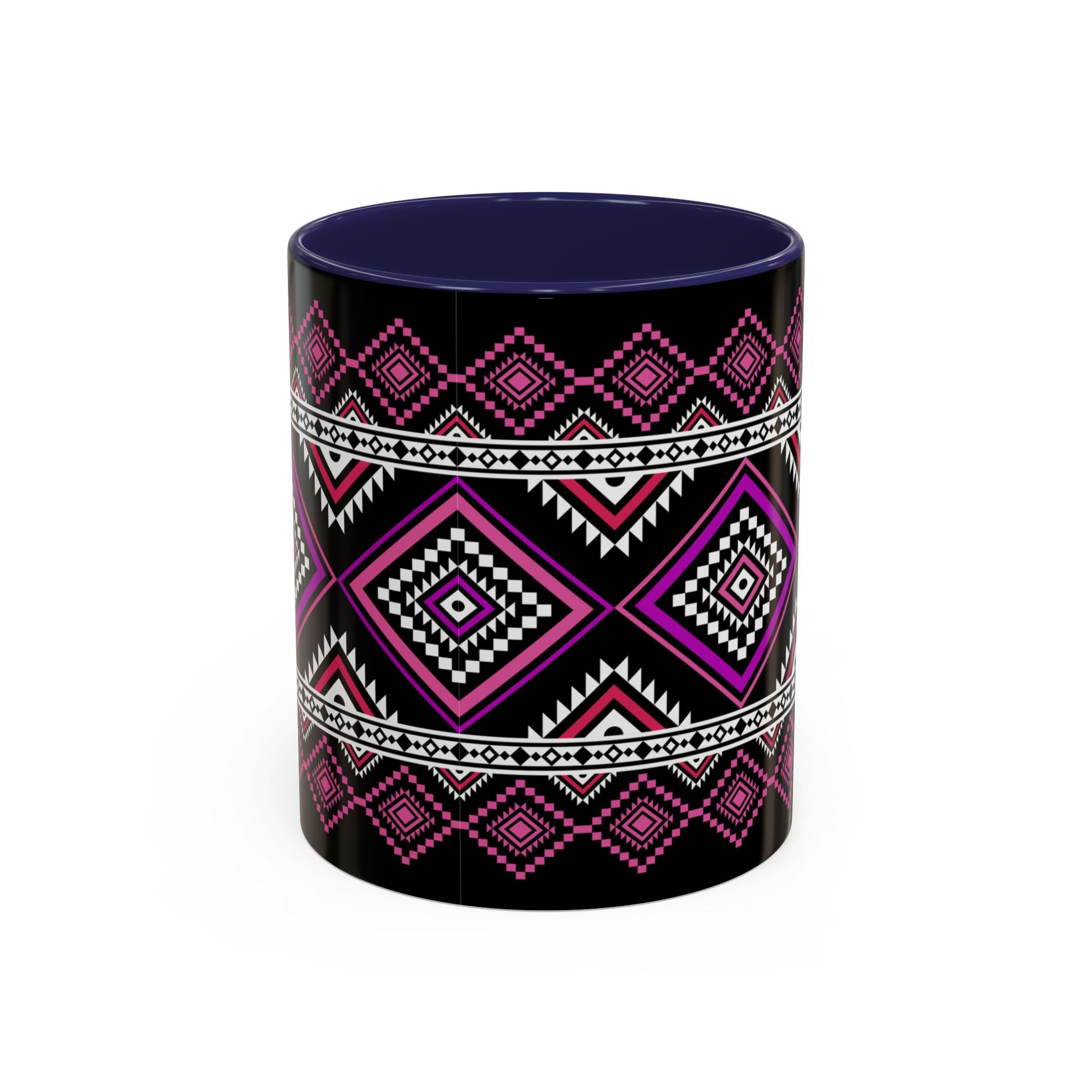 Geometric Aztec Accent Coffee Mug — Pink & Black Tribal Pattern (11/15oz)