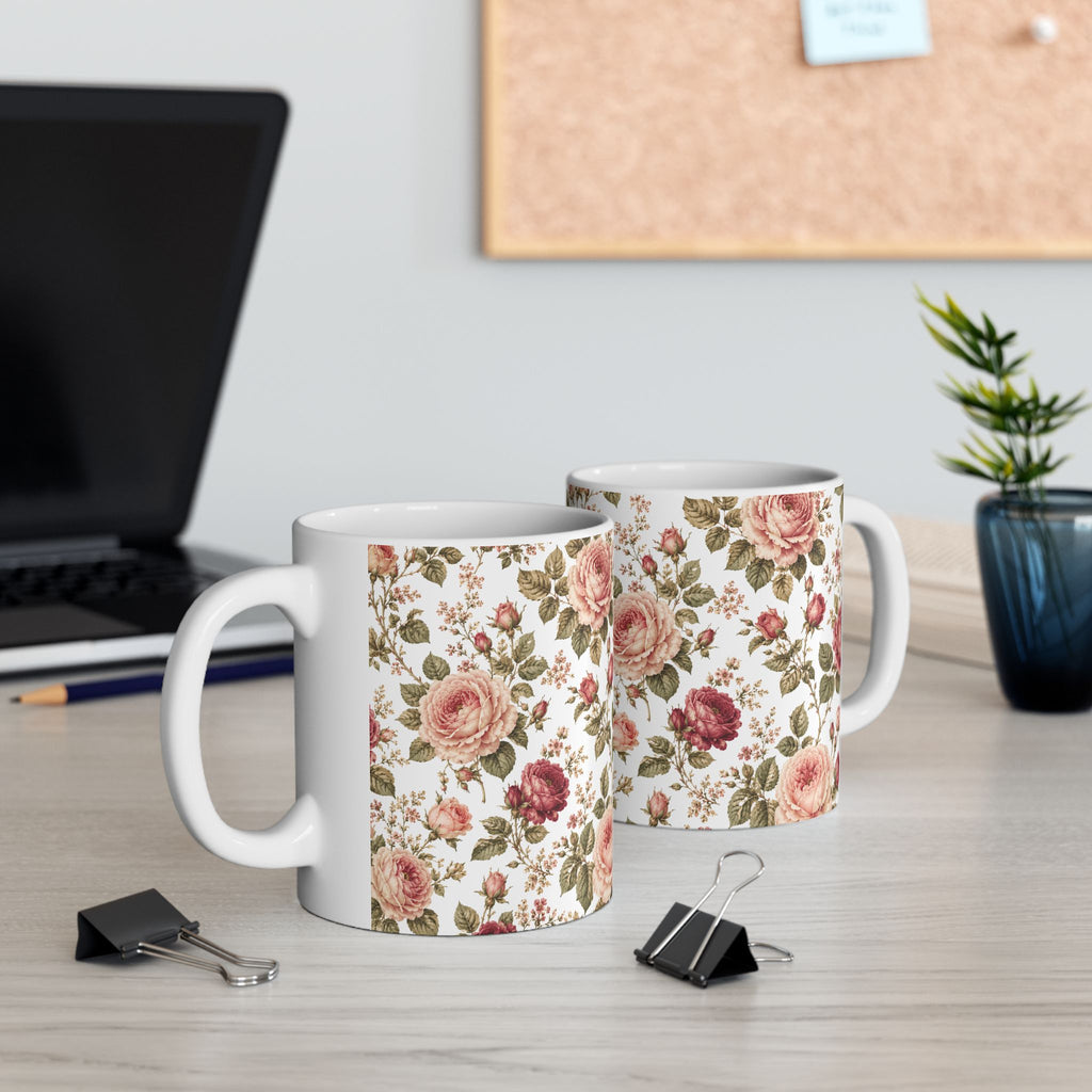 Vintage Rose Floral Ceramic Mug — 11oz & 15oz Tea Coffee Cup