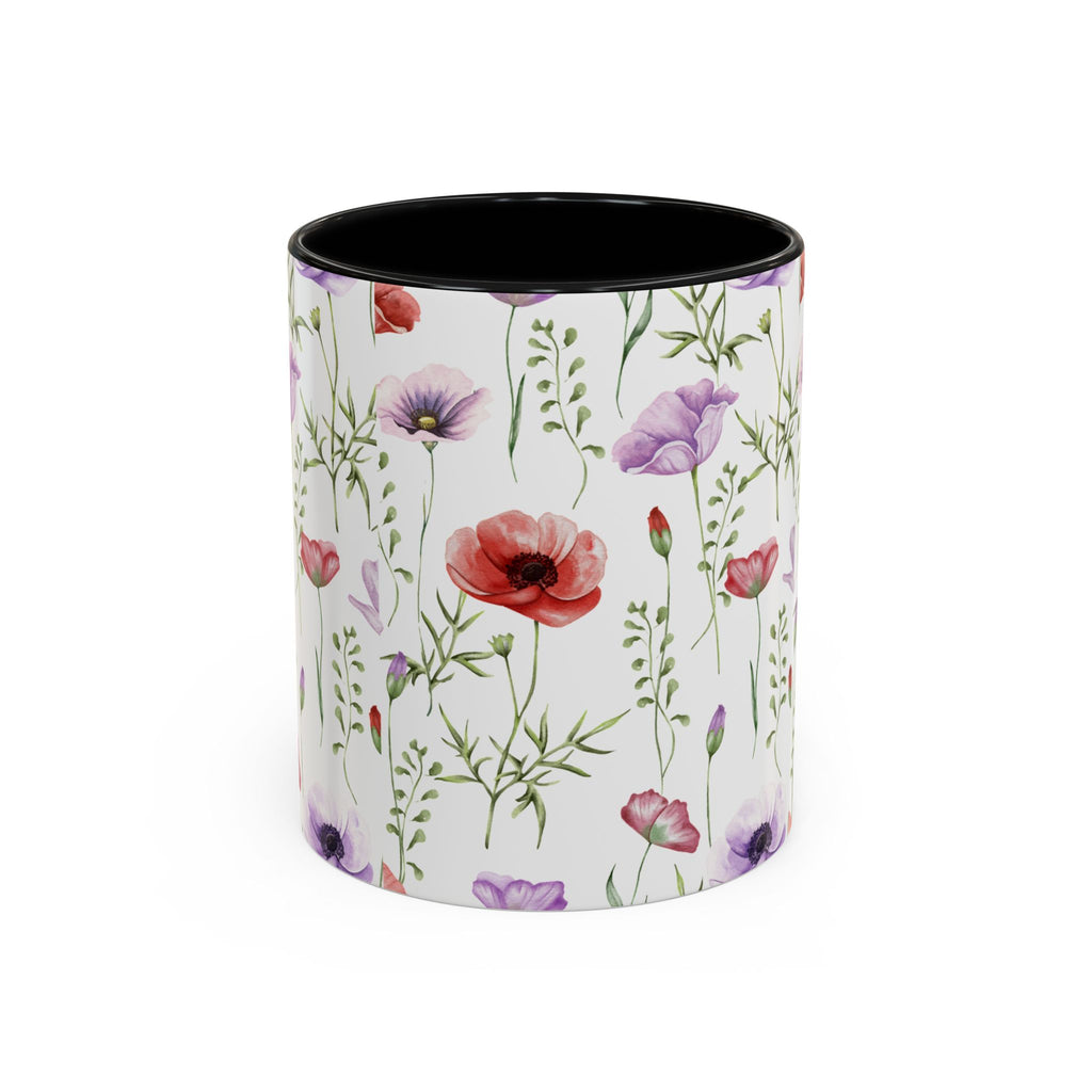 Floral Watercolor Accent Coffee Mug — Poppy & Wildflower Pattern (11/15oz)
