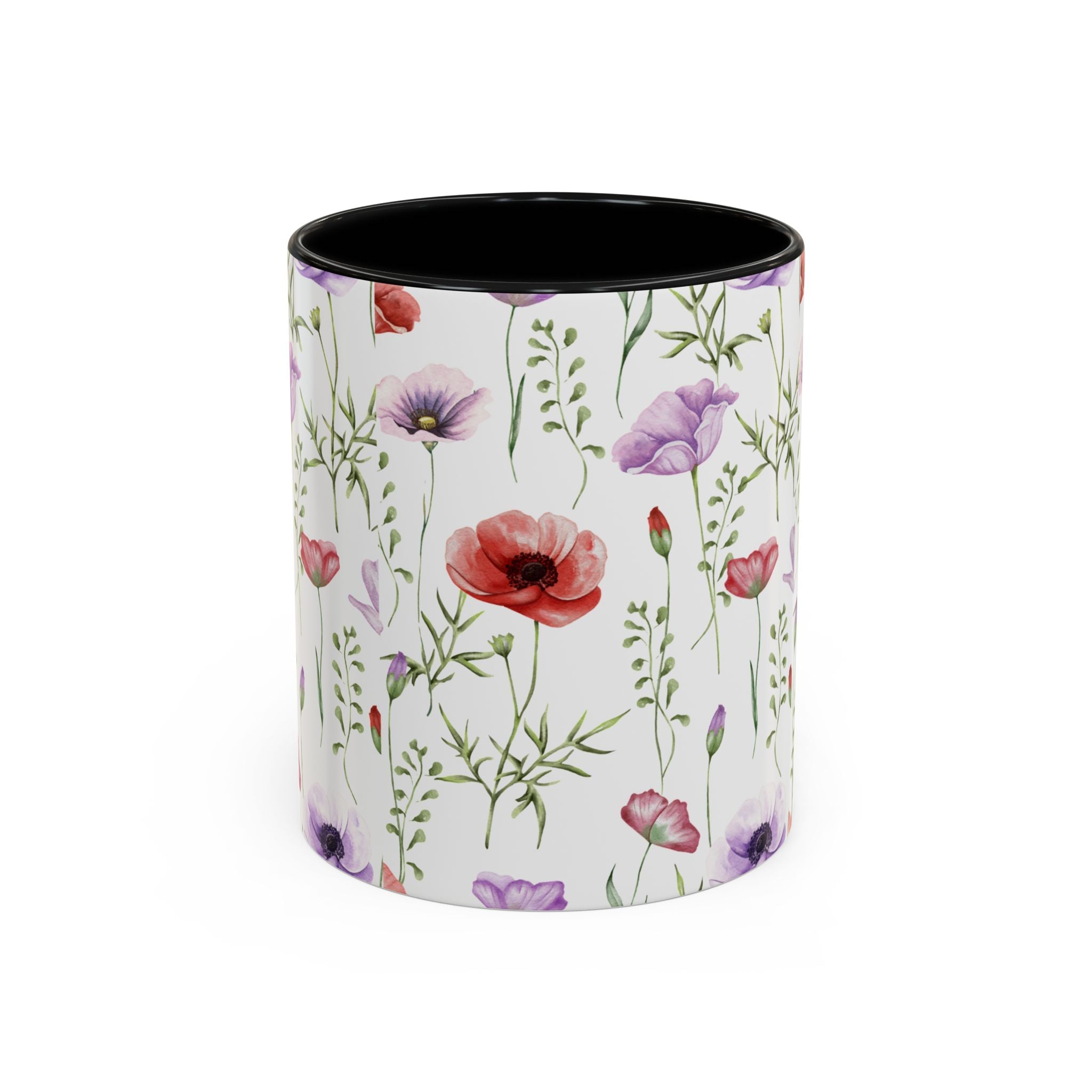 Floral Watercolor Accent Coffee Mug — Poppy & Wildflower Pattern (11/15oz)