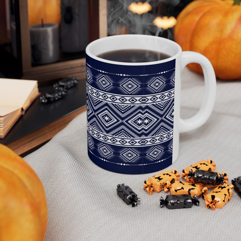 Navy Aztec Pattern Ceramic Mug — Geometric Tribal 11oz & 15oz
