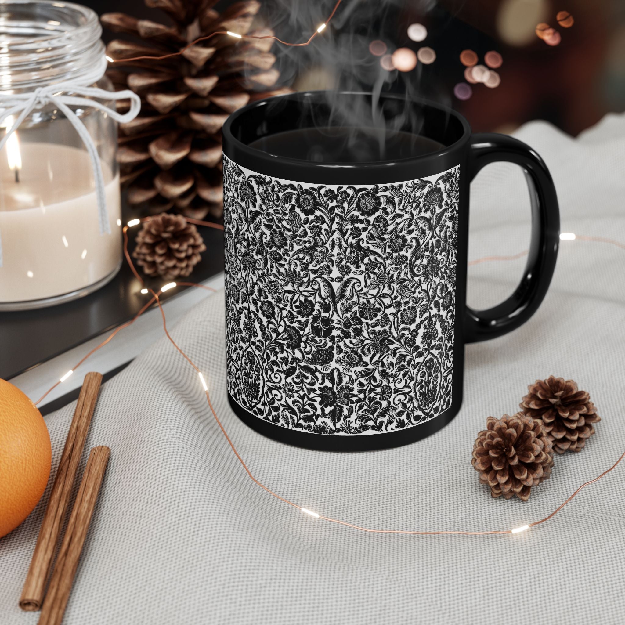 Black Ceramic Mug - Intricate Black & White Floral Pattern