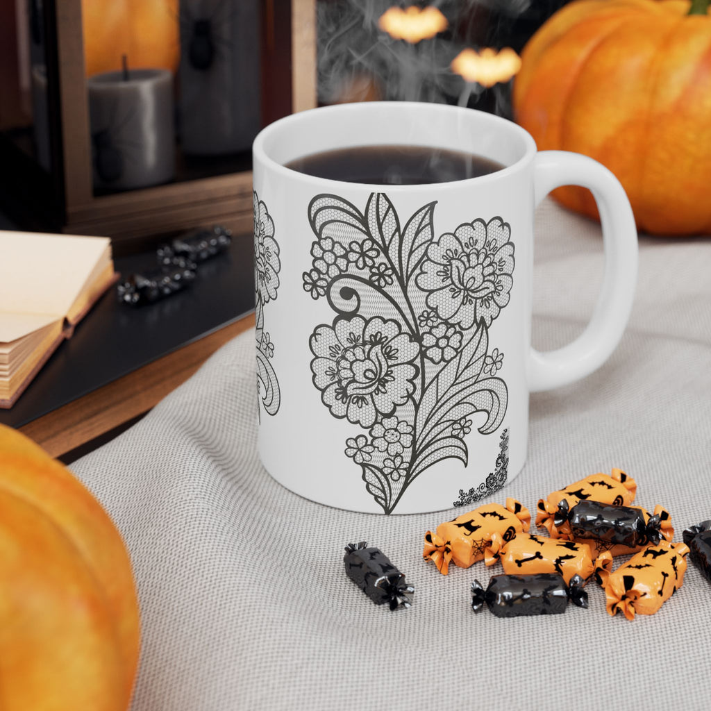 Floral Outline Ceramic Mug — Black & White Hand-Drawn Flower Pattern (11oz, 15oz)