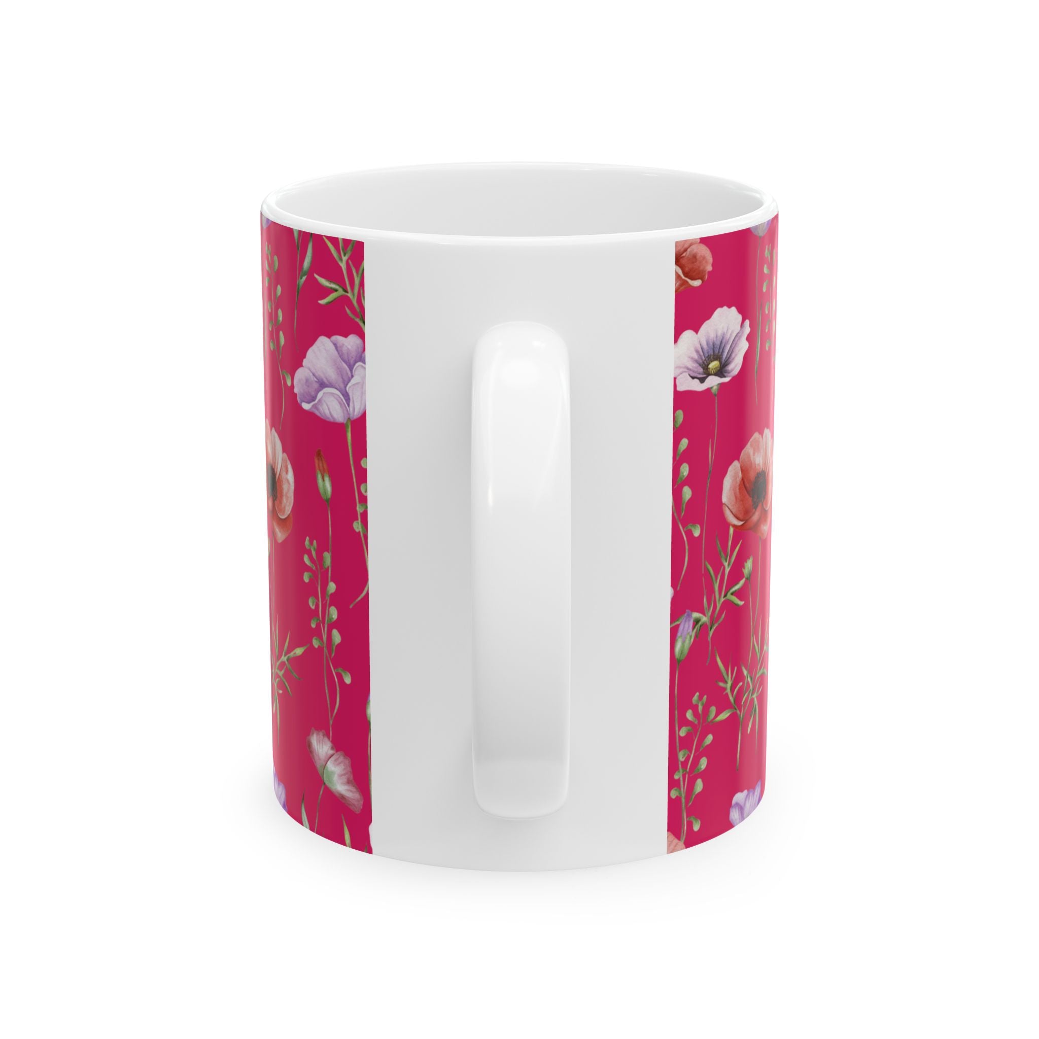 Floral Poppy Pattern Ceramic Mug — Pink Botanical Coffee Cup (11oz/15oz)