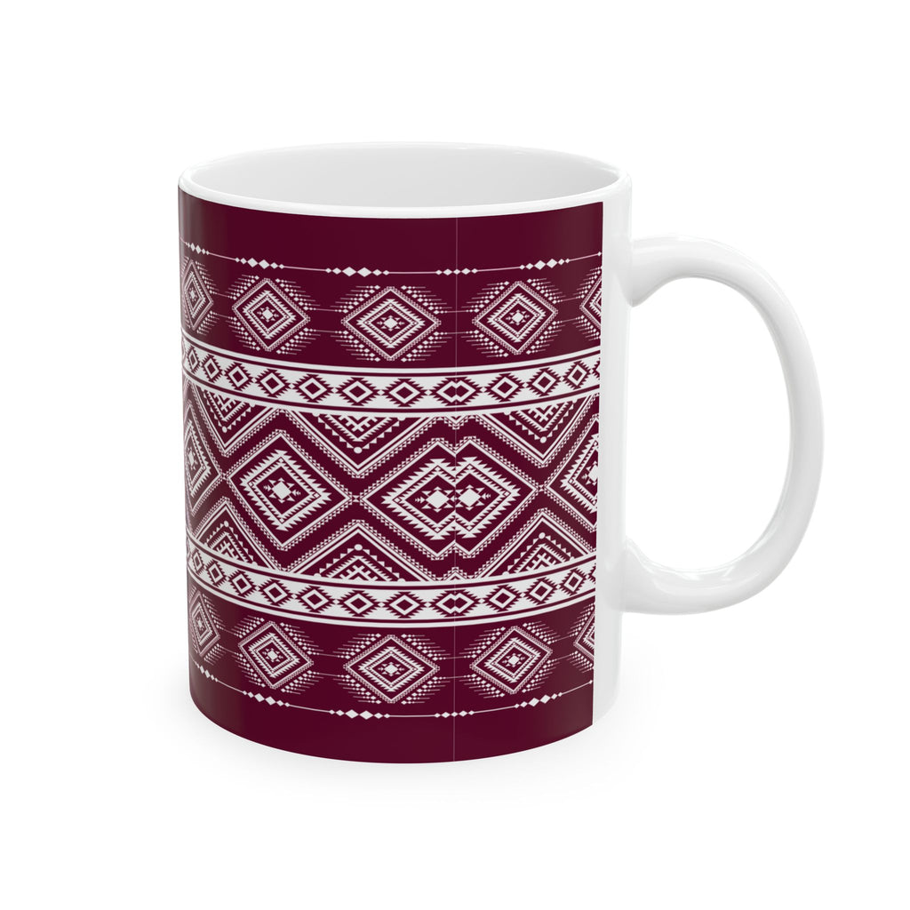 Maroon Aztec Pattern Ceramic Mug – Geometric Tribal Coffee Cup (11oz/15oz)