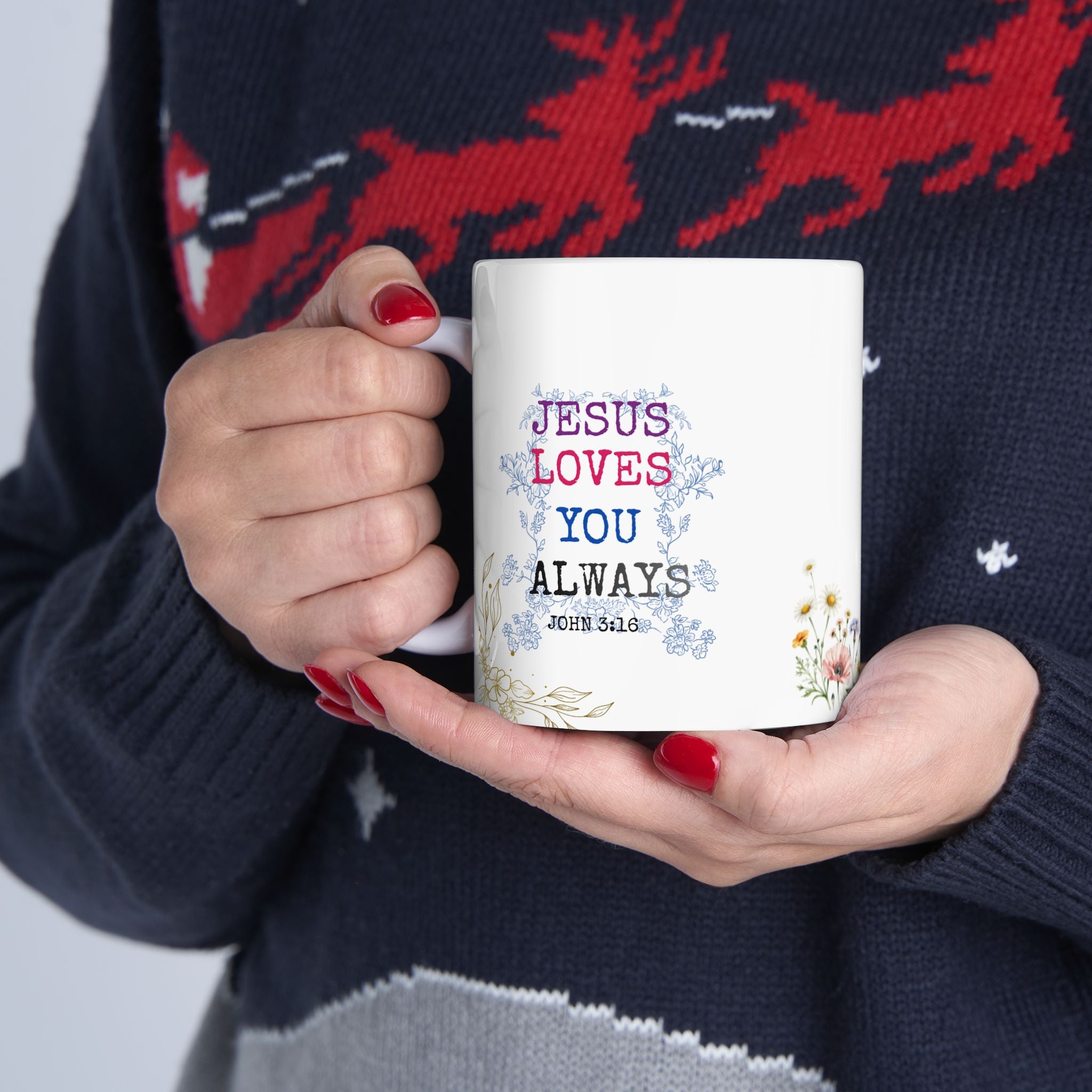 Floral 'Jesus Loves You' Ceramic Mug — Inspirational Christian Coffee Cup (11oz, 15oz)