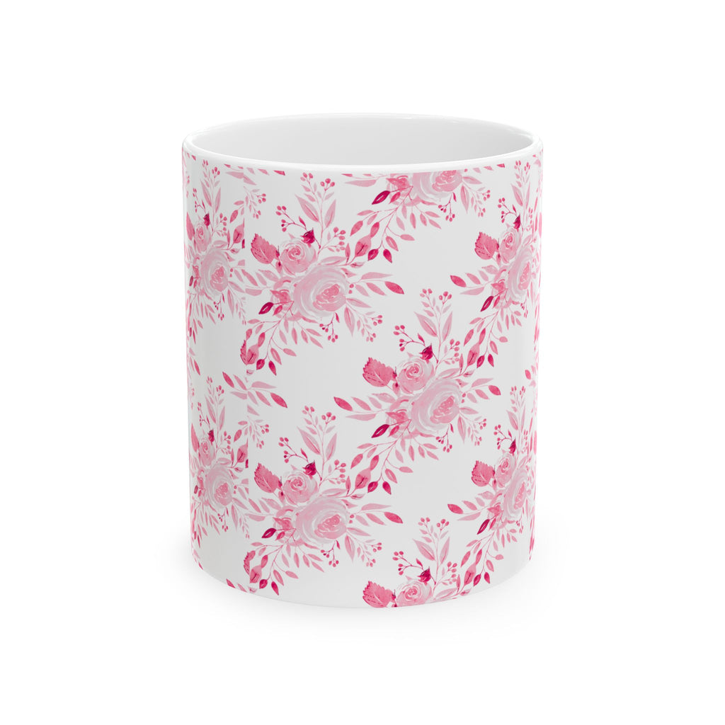 Pink Watercolor Floral Mug — Feminine Rose Pattern Ceramic Coffee Cup (11oz, 15oz)