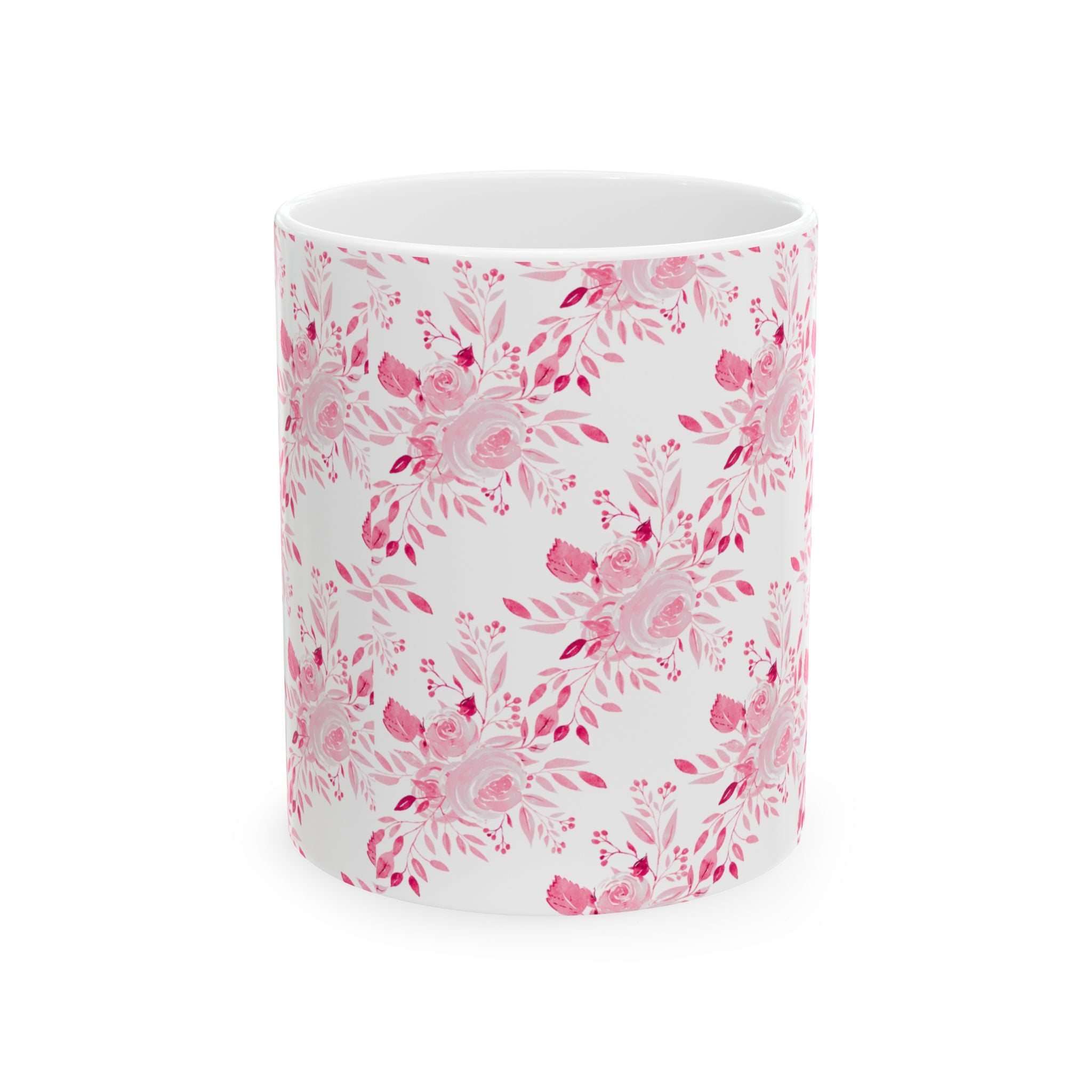 Pink Watercolor Floral Mug — Feminine Rose Pattern Ceramic Coffee Cup (11oz, 15oz)