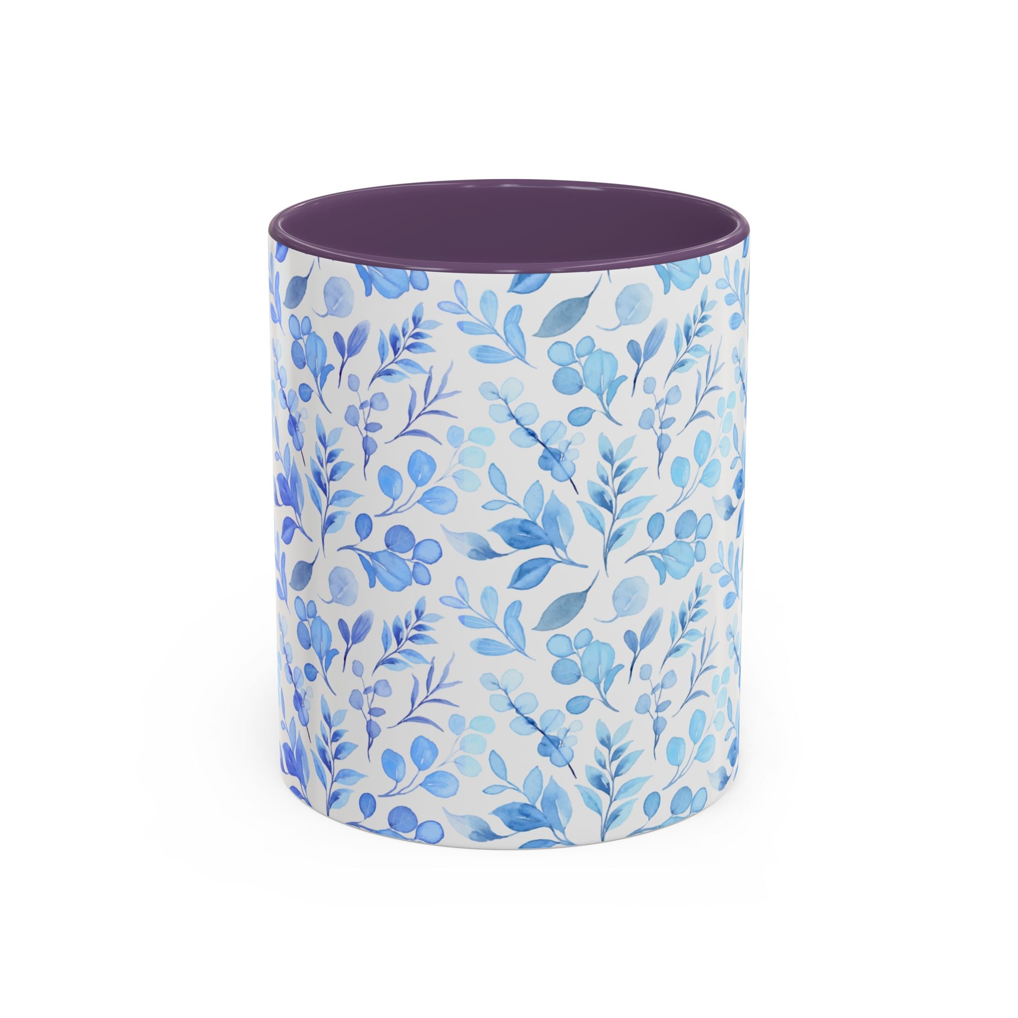 Blue Watercolor Floral Coffee Mug — Accent Handle & Interior