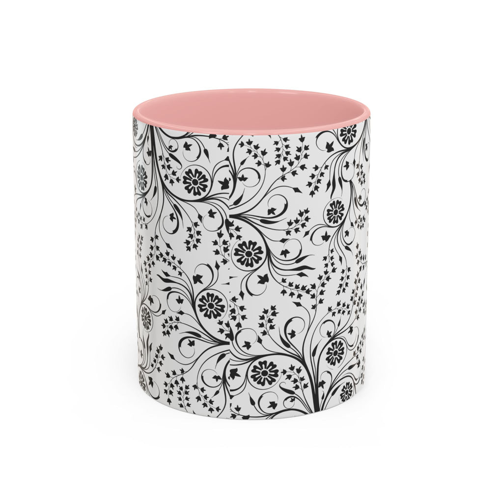 Black Floral Accent Coffee Mug — Elegant Swirl Pattern (11/15oz)
