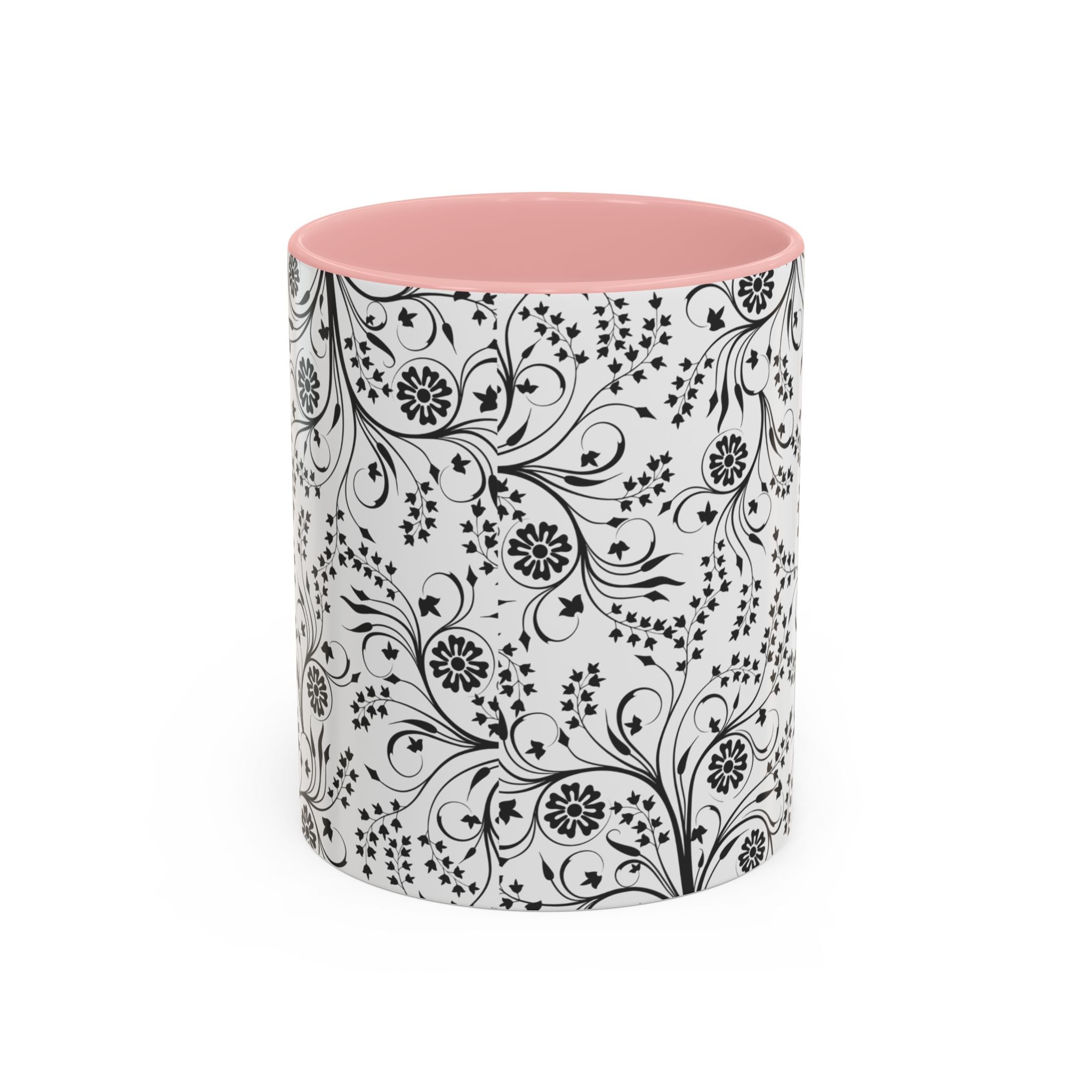 Black Floral Accent Coffee Mug — Elegant Swirl Pattern (11/15oz)
